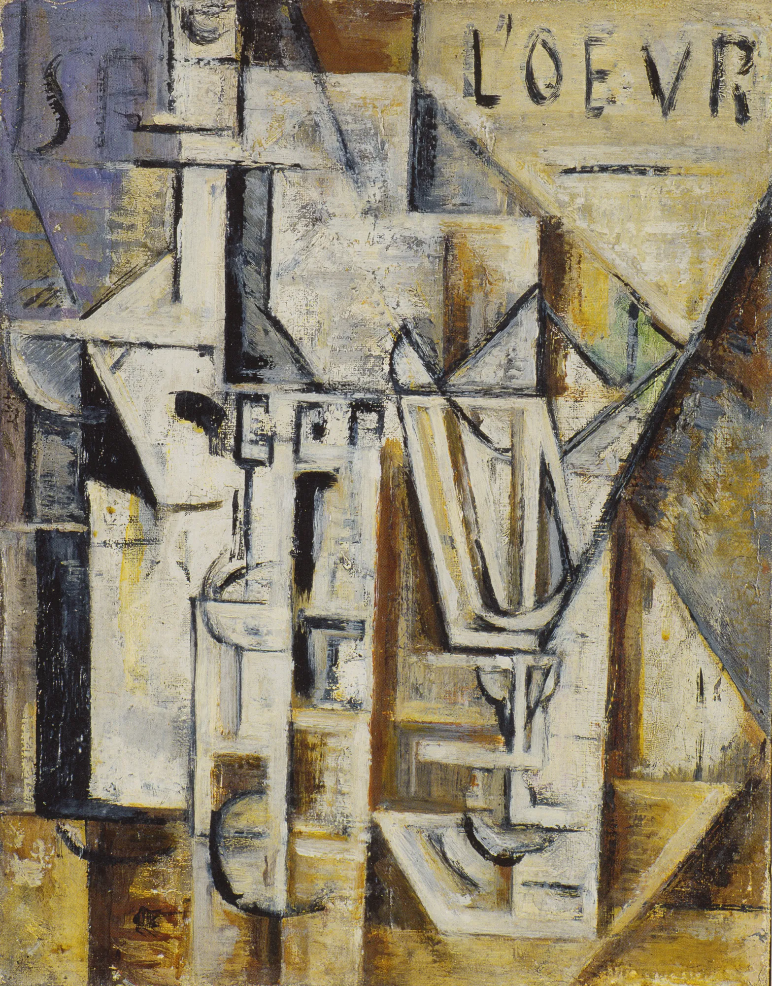 Bottle and Wine Glass Bottle and Wine Glass by Nadezhda Udaltsova. A Cubist oil painting deconstructing a bottle and a wine glass into geometric planes of white, grey, ochre, and black, featuring fragmenting text in the upper right.