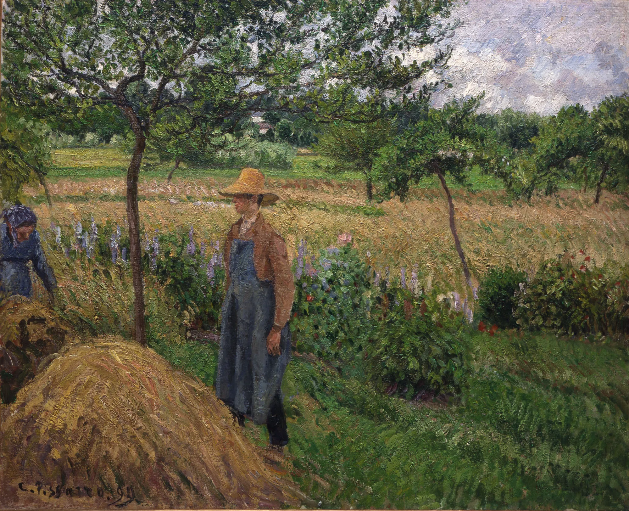 Gardener Standing by a Haystack, Overcast Sky, Éragny Gardener Standing by a Haystack, Overcast Sky, Éragny by Camille Pissarro. A gardener in a straw hat and blue apron stands beside a golden haystack in a lush, green garden under a soft, overcast sky.