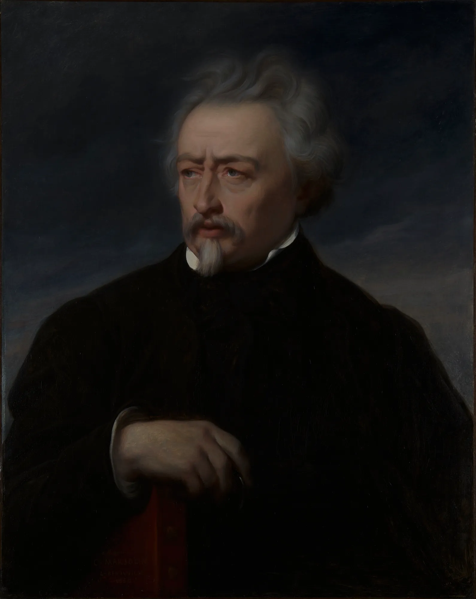 Portrait of Ary Scheffer Portrait of Ary Scheffer by François-Léon Benouville. A portrait of a mature man with a white goatee and wild gray hair, set against a dark, atmospheric background.