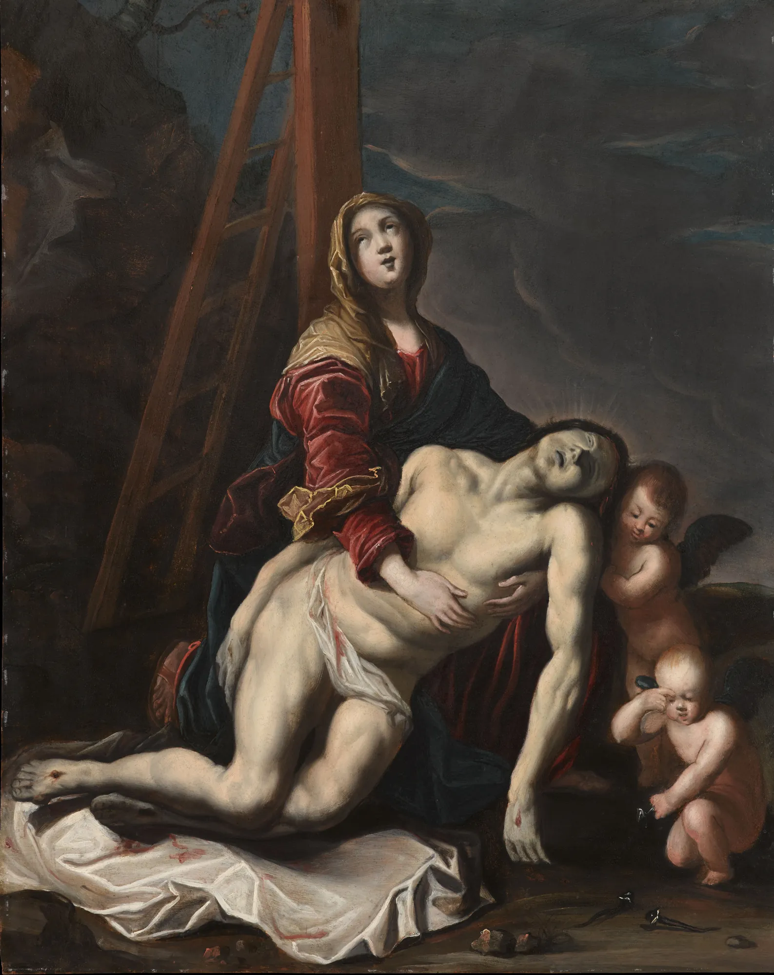 Pietà Pietà by Claude Vignon. A dramatic Baroque painting depicting the Virgin Mary cradling the body of Christ at the foot of the cross, accompanied by mourning cherubs.