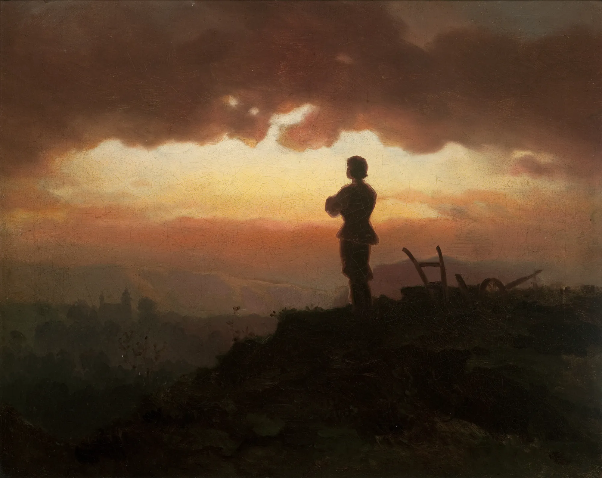 Evening Prayer of a Farmer Evening Prayer of a Farmer by Artur Grottger. A farmer is silhouetted against a vibrant, fire-lit sunset, standing on a hill in prayer beside his plow.