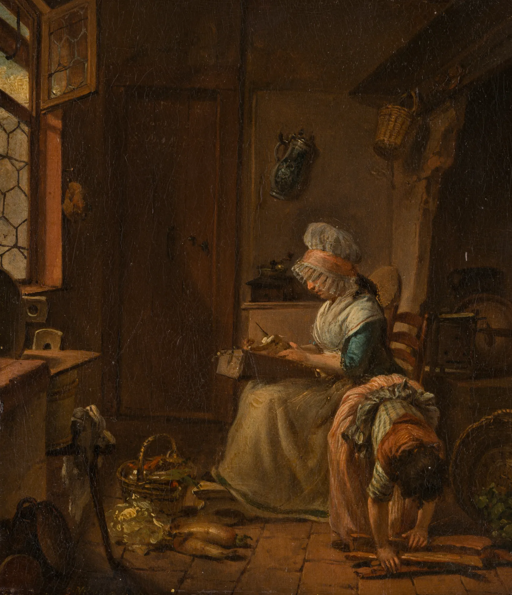 Kitchen Scene Kitchen Scene by Georg Karl Urlaub. A domestic 18th-century interior showing a woman in a bonnet working in a rustic kitchen while a small child assists on the floor.