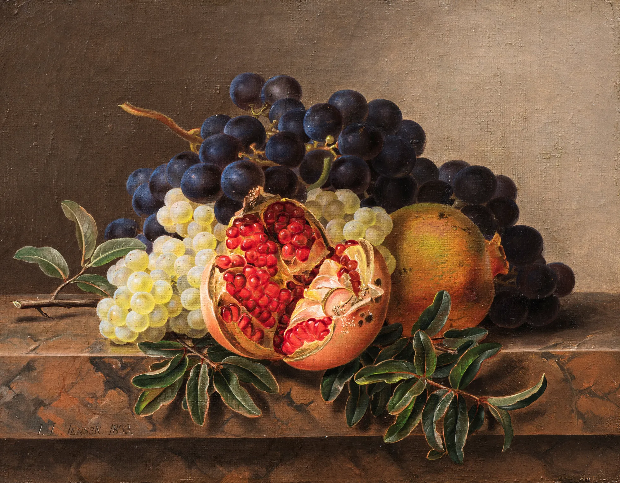 Pomegranates and Grapes on a Stone Ledge