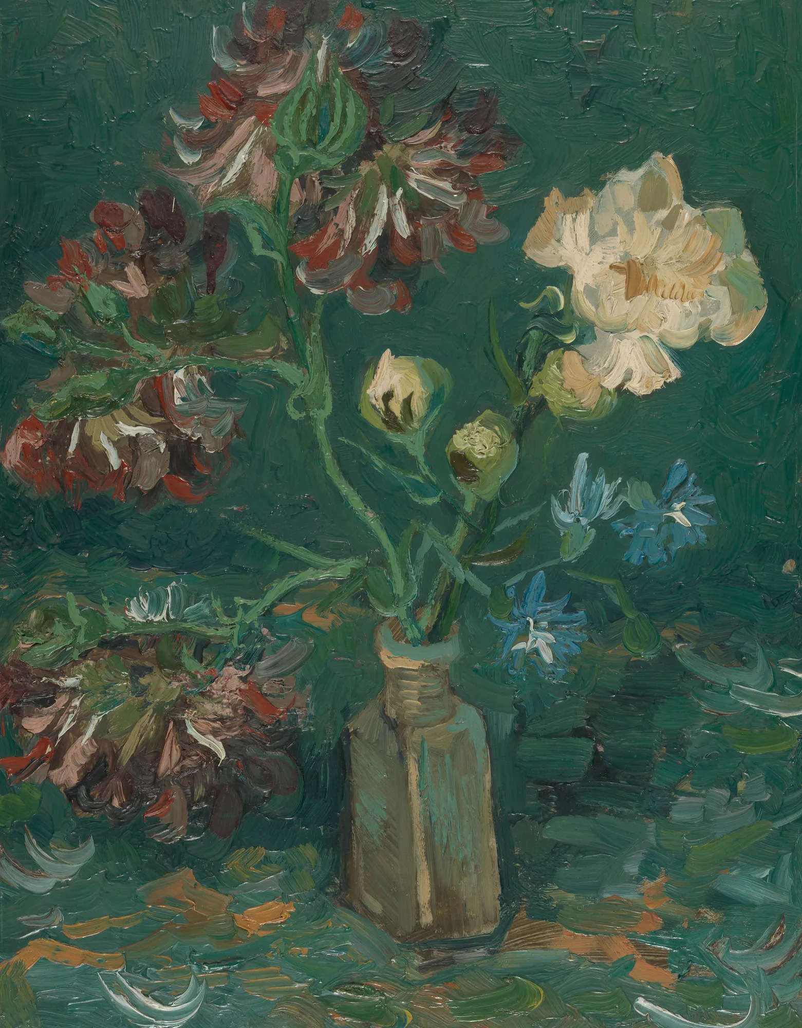 Small Bottle with Peonies and Blue Delphiniums