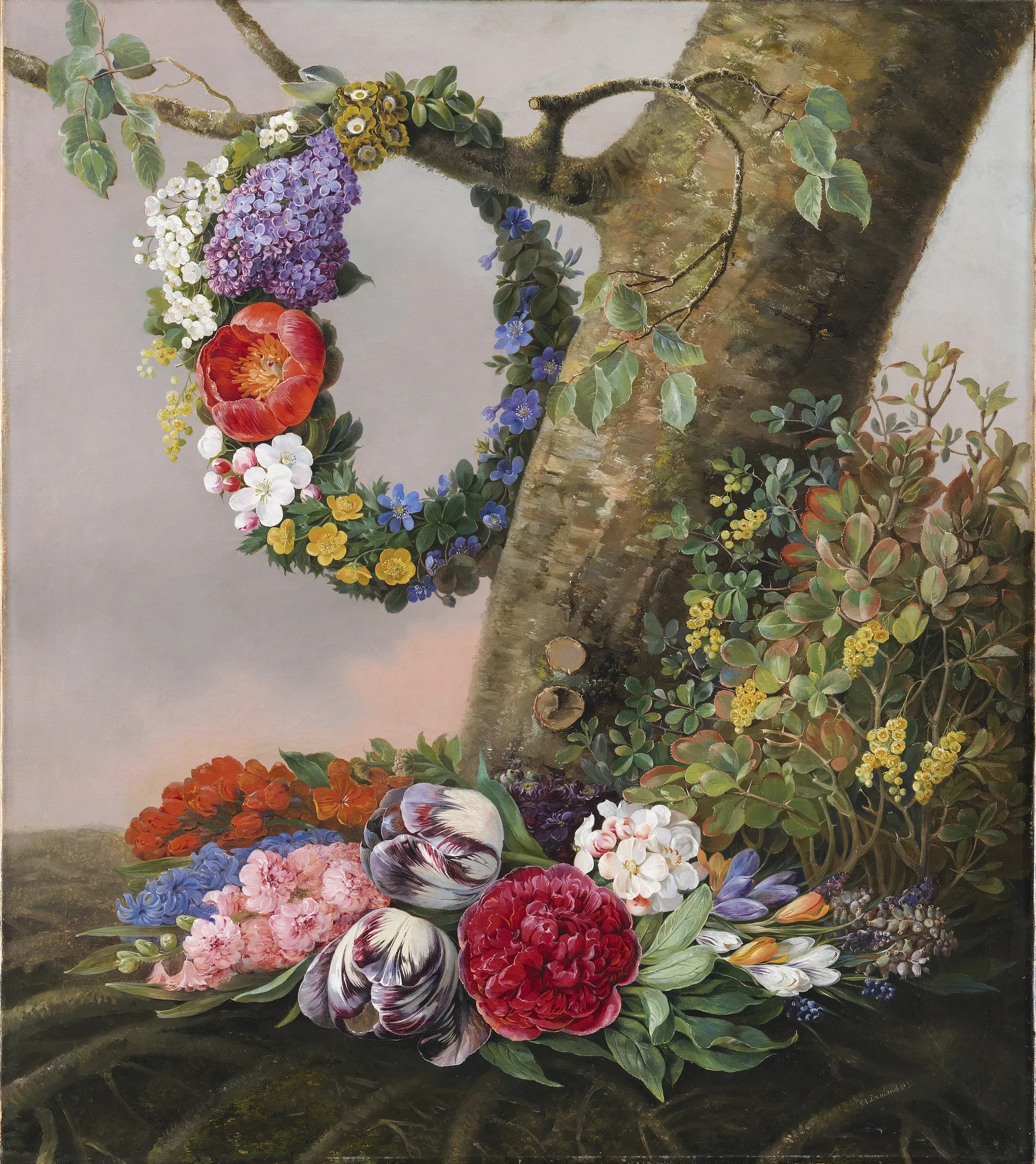 A Bouquet of Flowers and a Floral Garland