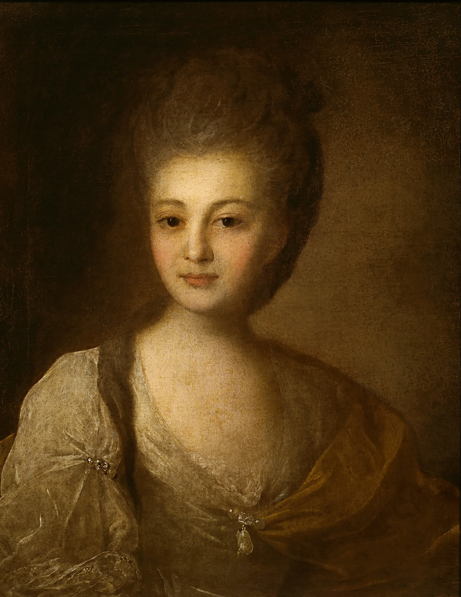 Portrait of Alexandra Struiskaya Portrait of Alexandra Struiskaya by Fyodor Rokotov. A half-length portrait of a young woman with powdered hair and a shimmering, translucent silk dress against a dark, atmospheric background.