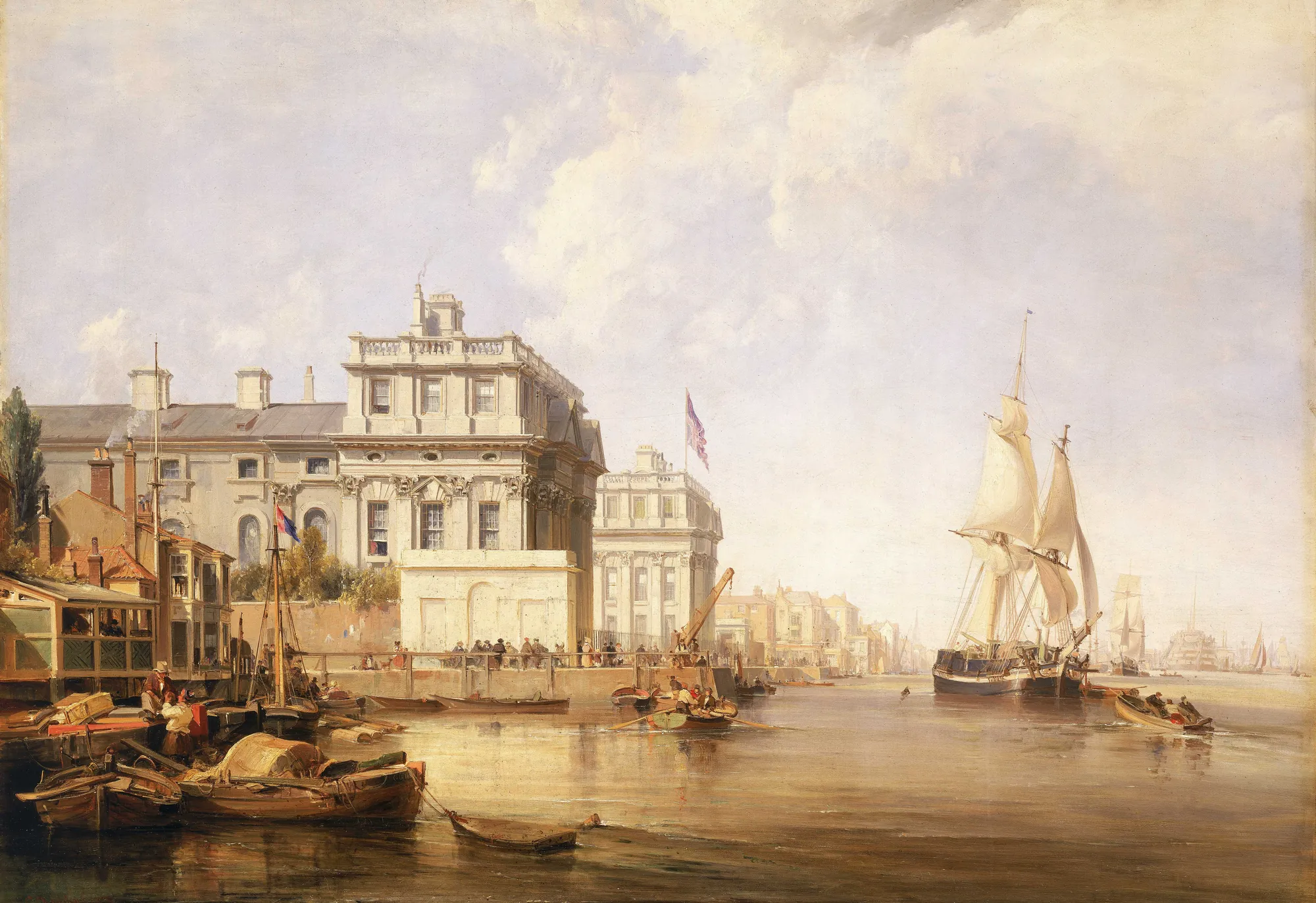 Greenwich Hospital from the East Greenwich Hospital from the East by George Chambers. A view from the River Thames looking towards the grand classical buildings of Greenwich Hospital, populated with sailing ships and small boats under a bright sky.