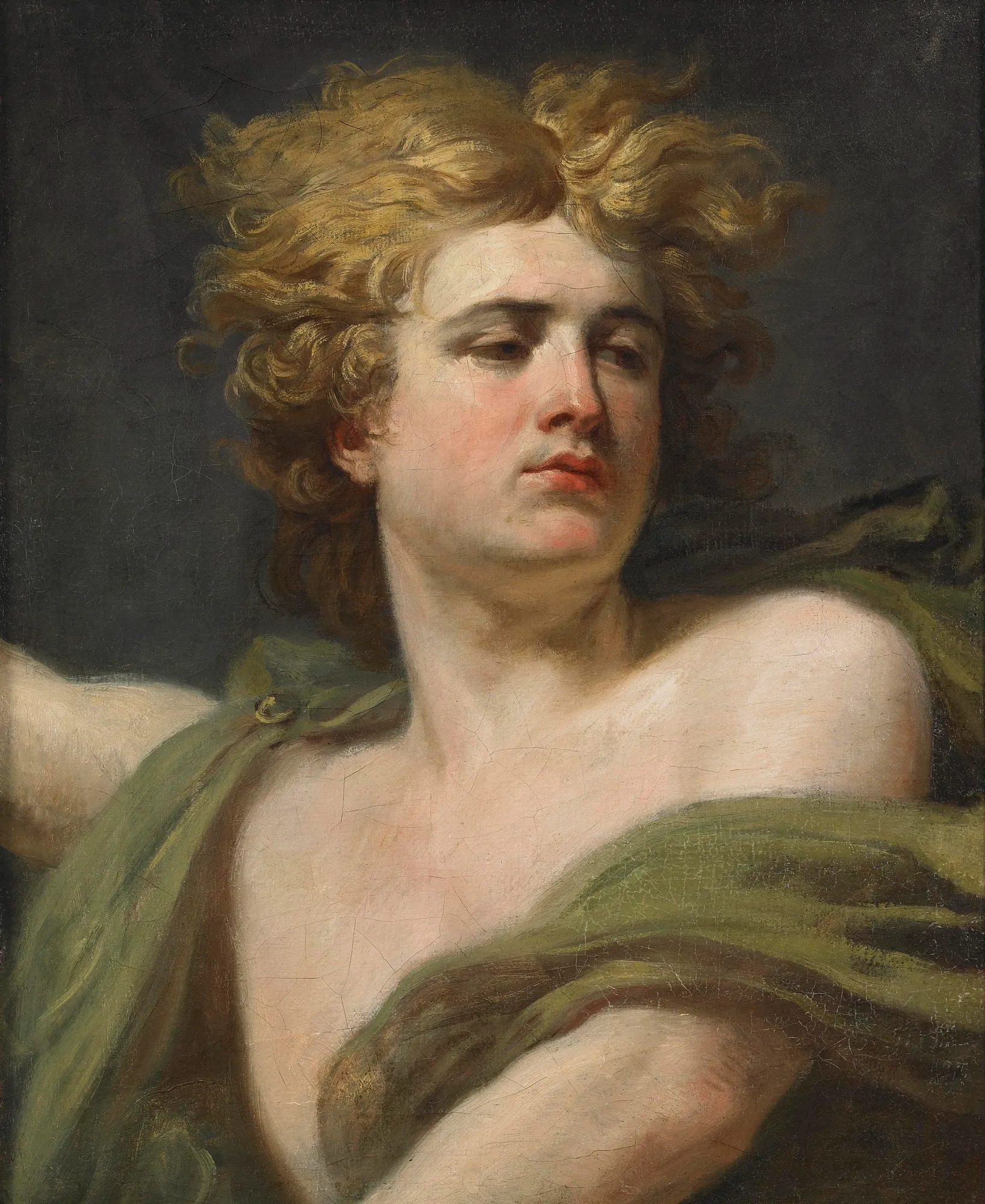The Destroying Angel The Destroying Angel by Anicet Charles Gabriel Lemonnier. A neoclassical oil portrait of a young male angel with wild golden hair looking downward, wearing a draped green garment against a dark backdrop.