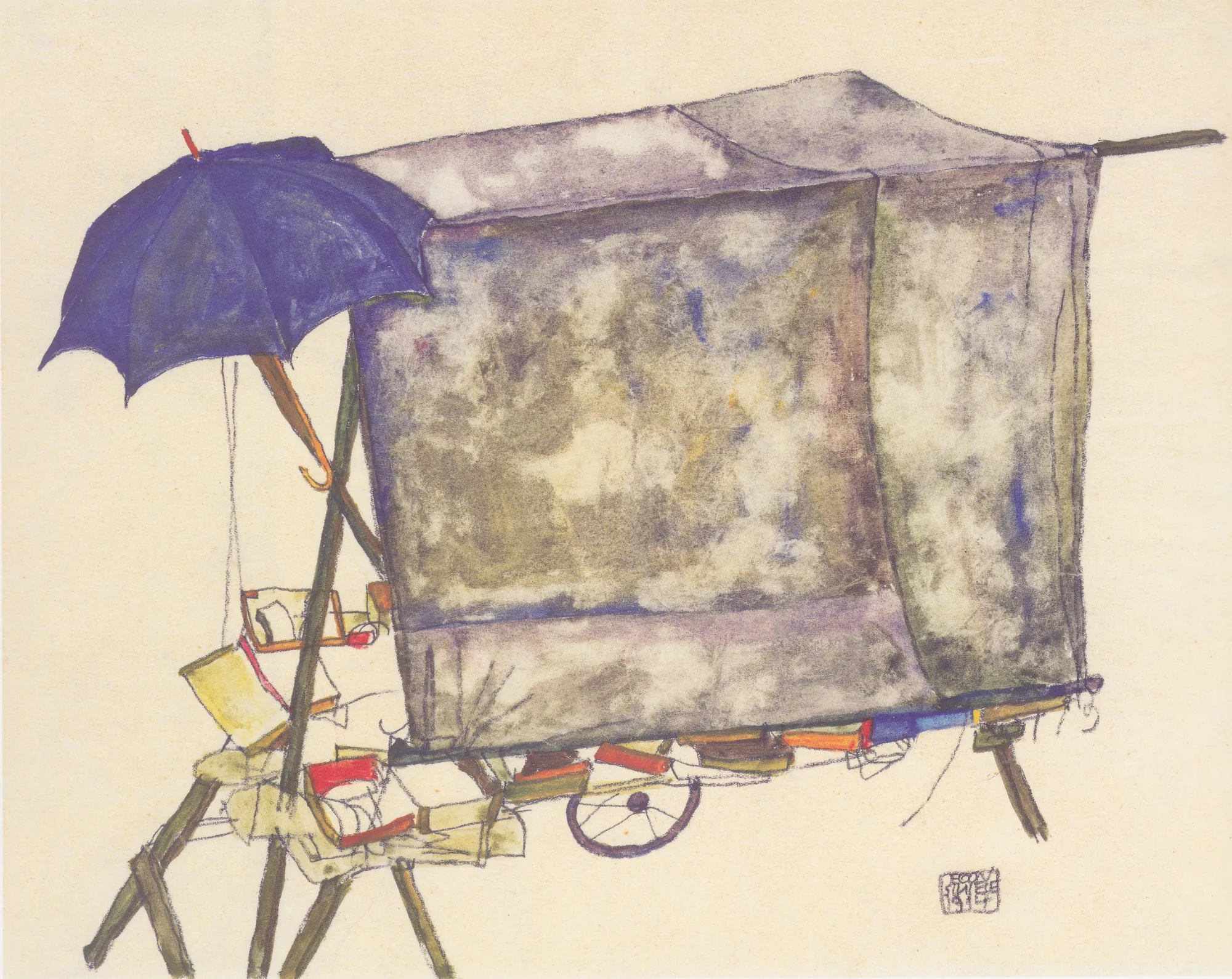 Street Cart Street Cart by Egon Schiele. A watercolor and pencil drawing of a market stand featuring a large grey-textured canopy and a vibrant blue umbrella.
