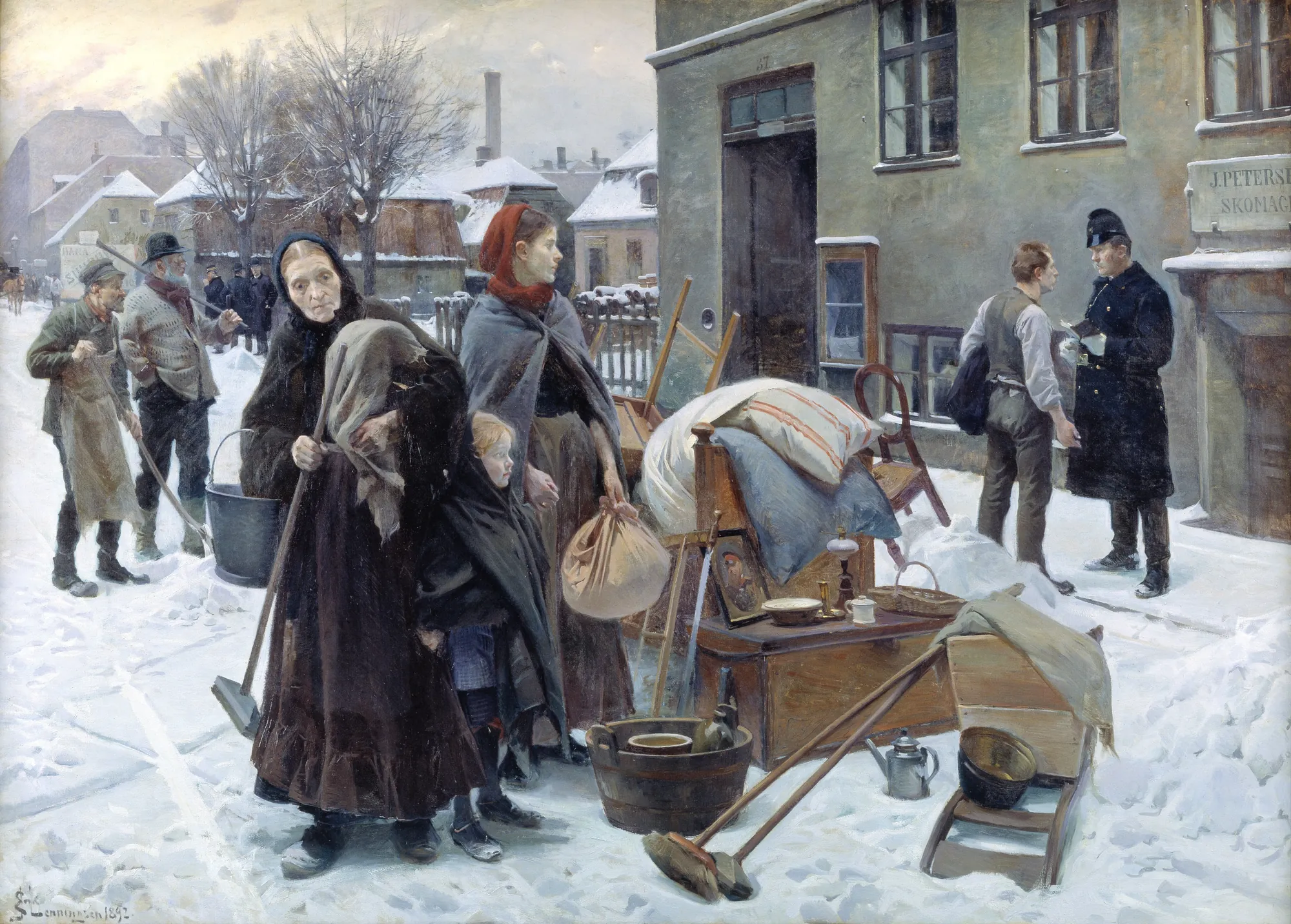 Evicted Tenants Evicted Tenants by Erik Henningsen. A family and their household goods sit on a snow-covered city street outside a building while a policeman talks to a man in the background.