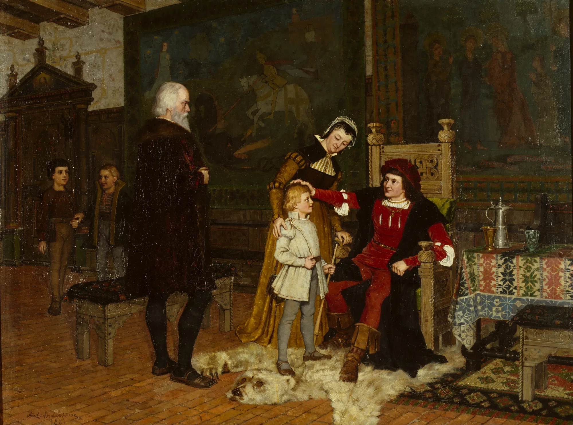 King Gustav Vasa Being Introduced to King Hans King Gustav Vasa Being Introduced to King Hans by J.A.G. Acke. A historical scene depicting a young Gustav Vasa being presented to a seated King Hans in a grand interior featuring a polar bear skin rug.