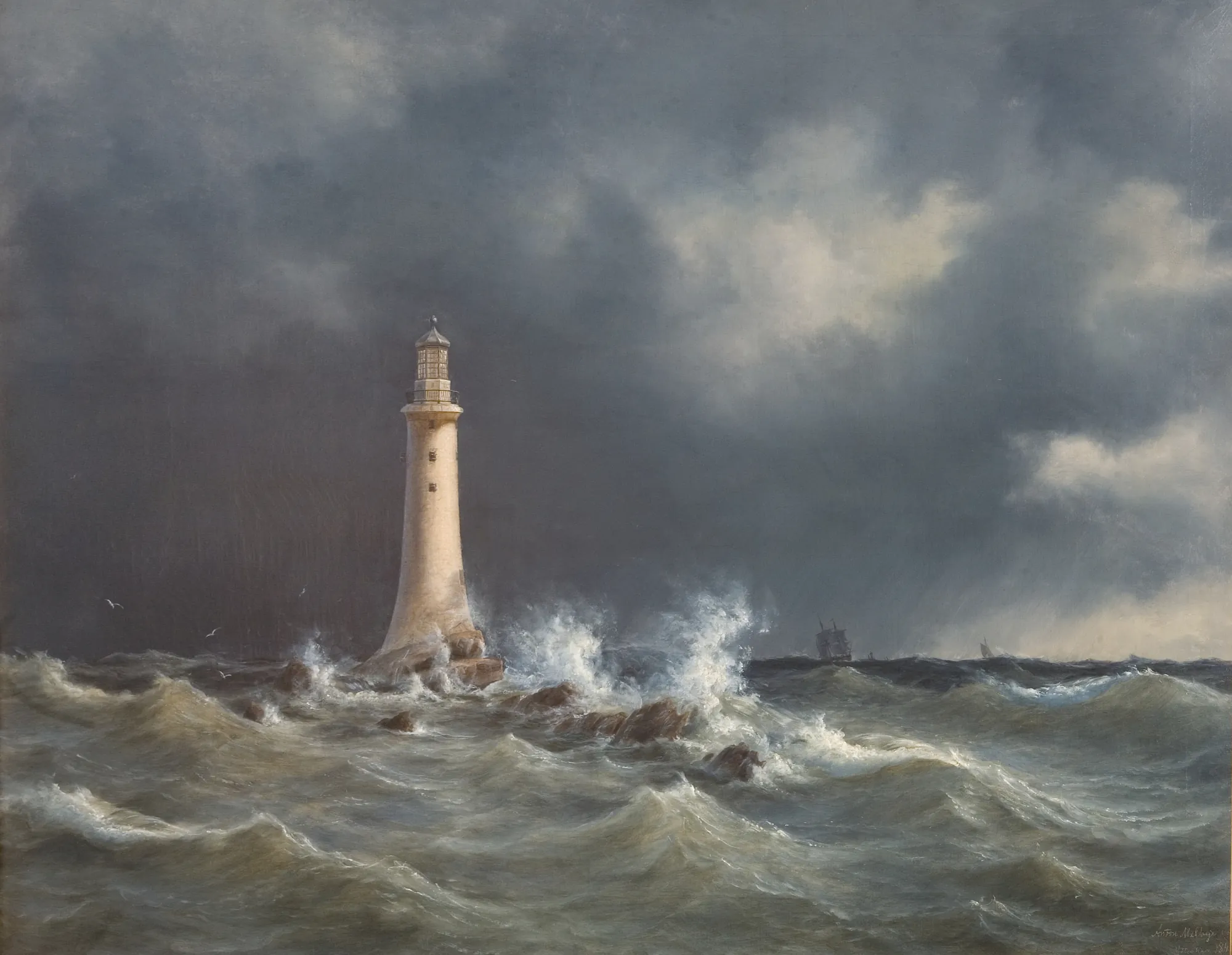 Eddystone Lighthouse Eddystone Lighthouse by Anton Melbye. A tall white lighthouse stands resilient against crashing sea spray and turbulent waves under a dark, atmospheric storm sky.