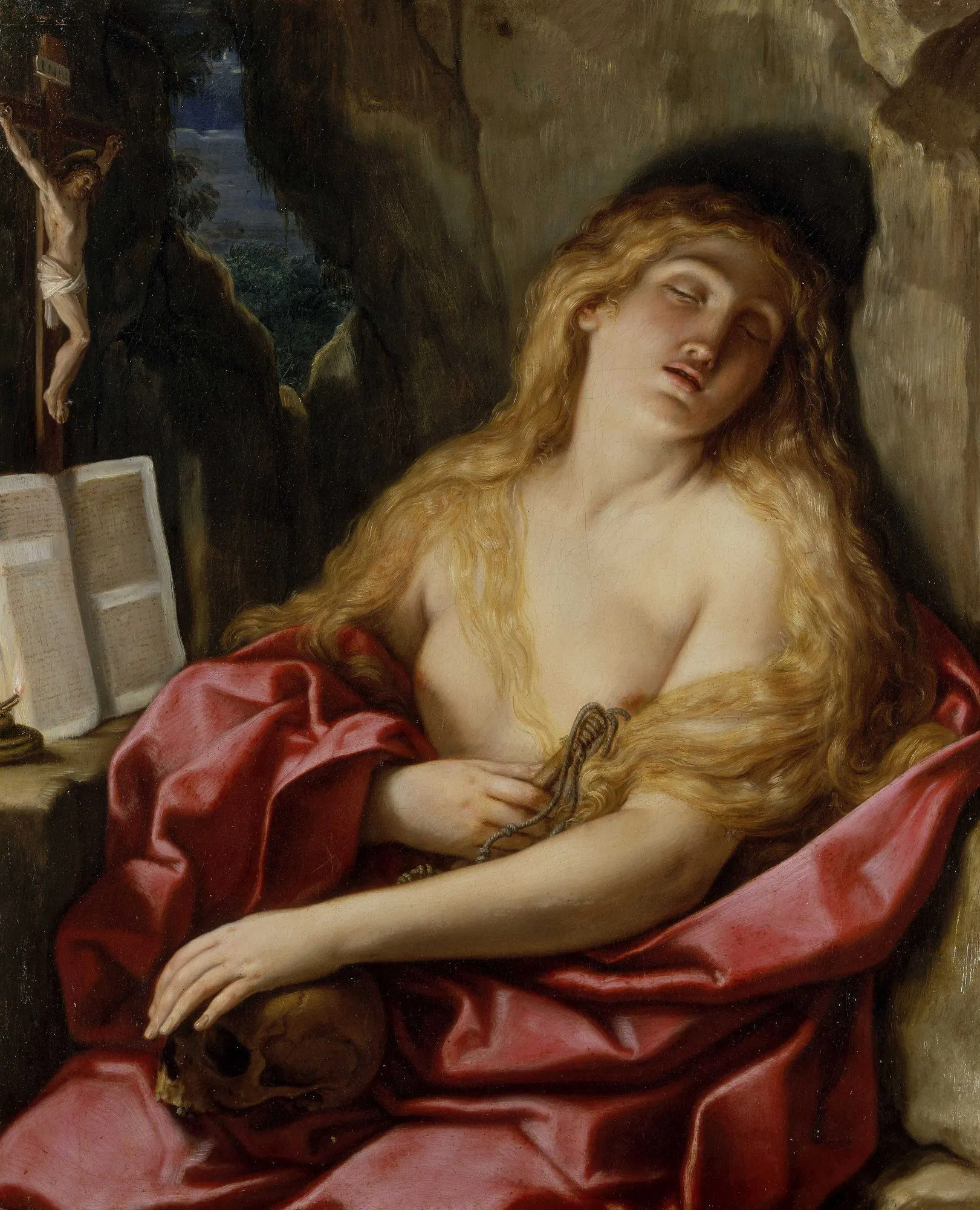 Saint Mary Magdalene in Penance Saint Mary Magdalene in Penance by Elisabetta Sirani. A painting of a golden-haired woman leaning against a cave wall, surrounded by symbolic objects including a crucifix, a skull, and an open book.