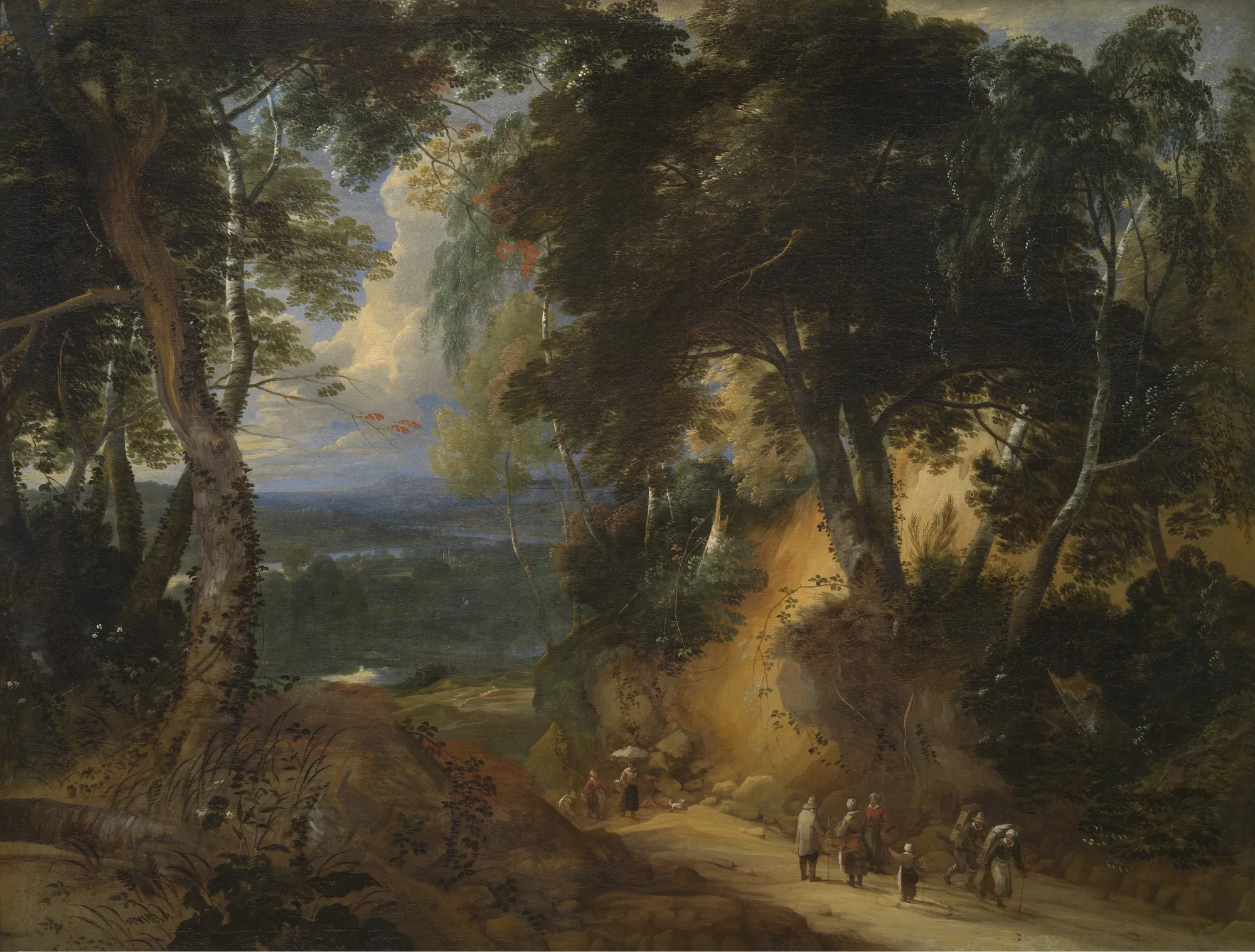 The Soignes Forest The Soignes Forest by Lodewijk de Vadder. A dense forest scene with a dirt path in the foreground where figures are walking, overlooking a distant valley.