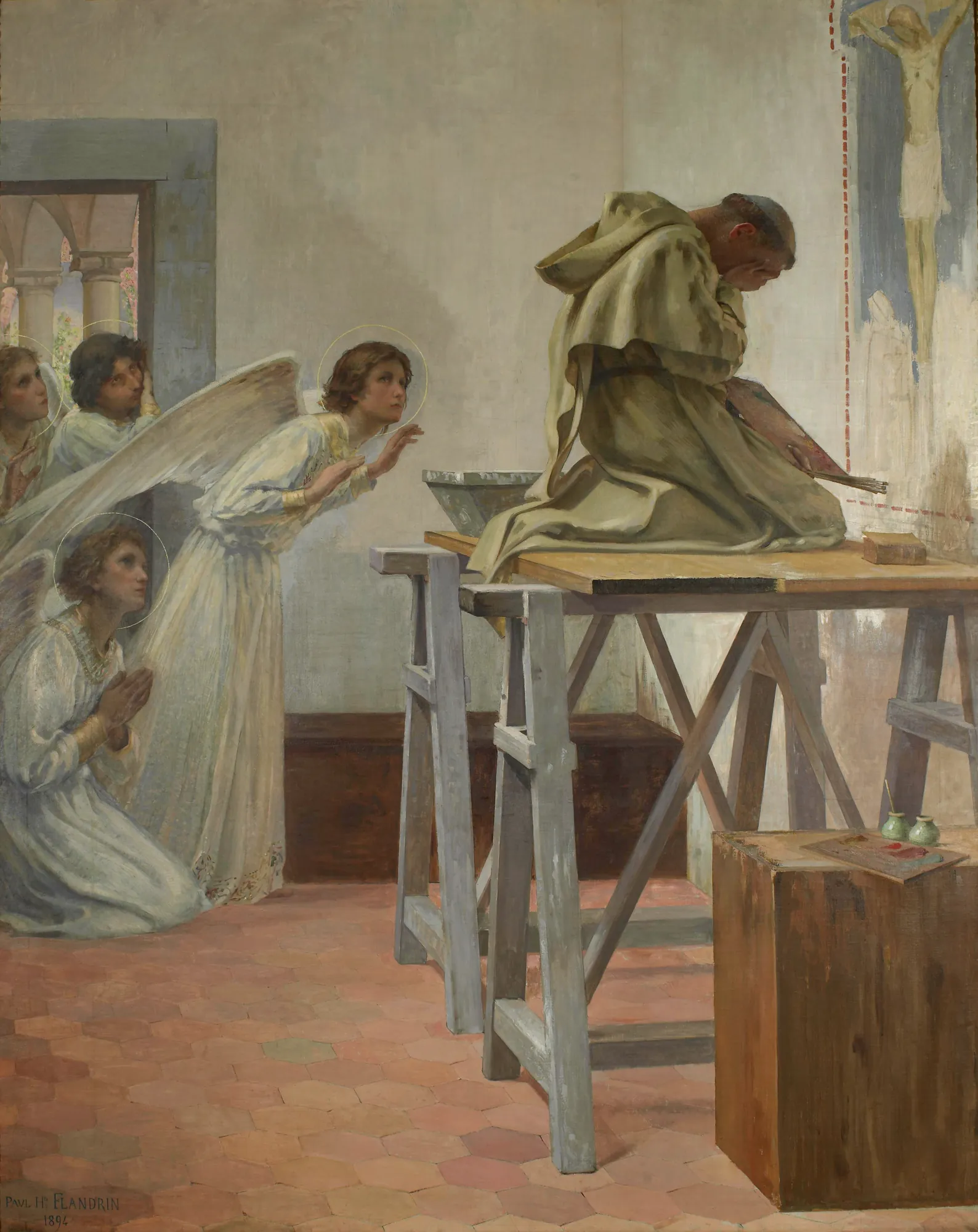Fra Angelico Visited by Angels Fra Angelico Visited by Angels by Paul-Hippolyte Flandrin. A monk in a tan habit kneels at a wooden workbench before a crucifixion fresco, while three winged angels watch from a nearby doorway.