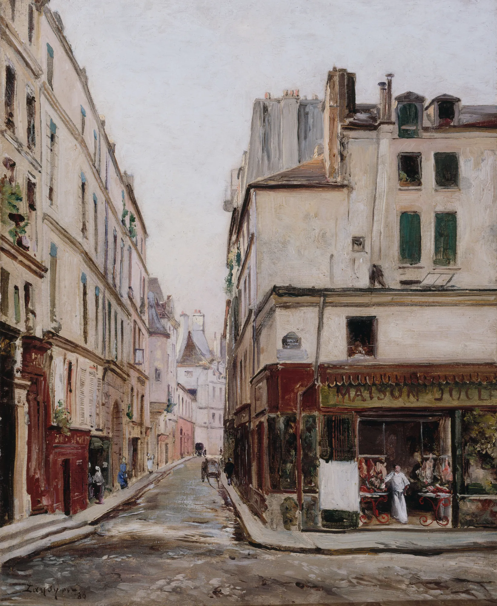 La Rue Hautefeuille La Rue Hautefeuille by Emmanuel Lansyer. An oil painting of a narrow Parisian street with tall stone buildings, a corner butcher shop, and distant figures under a bright sky.