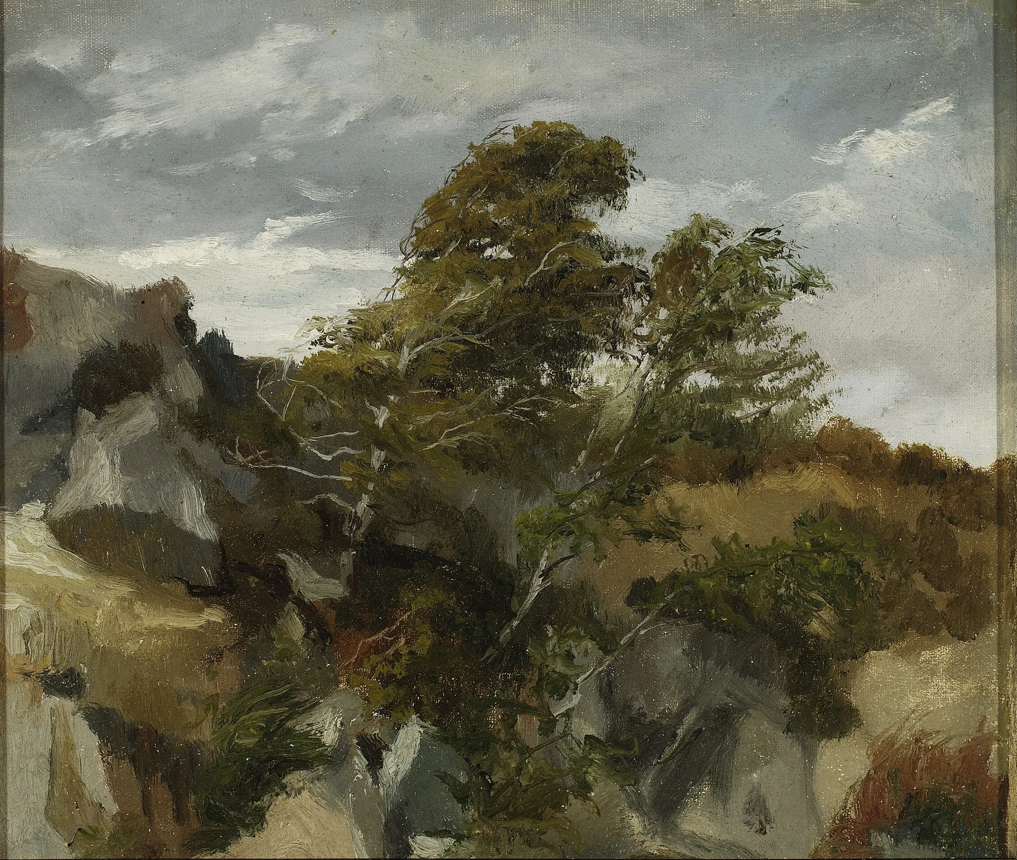 Landscape from Bortniki upon Dniester Landscape from Bortniki upon Dniester by Henryk Rodakowski. An atmospheric landscape featuring a large, wind-swept tree nestled among rocky cliffs under a heavy, clouded sky.