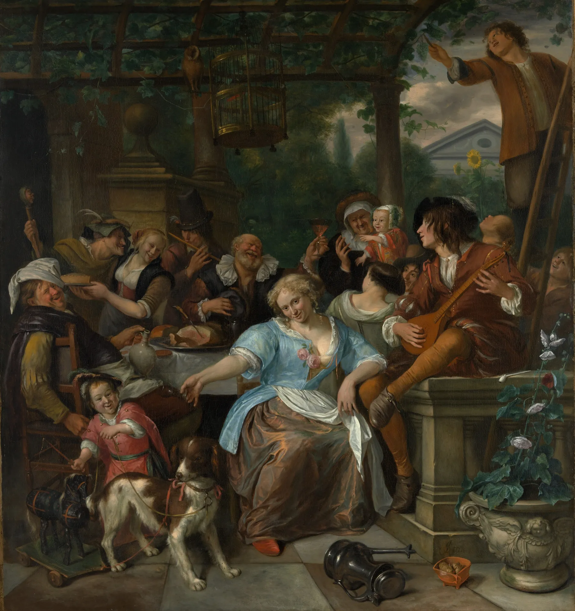 Merry Company on a Terrace Merry Company on a Terrace by Jan Steen. A lively 17th-century Dutch gathering on a garden terrace features figures eating, drinking, and playing music around a central seated woman.