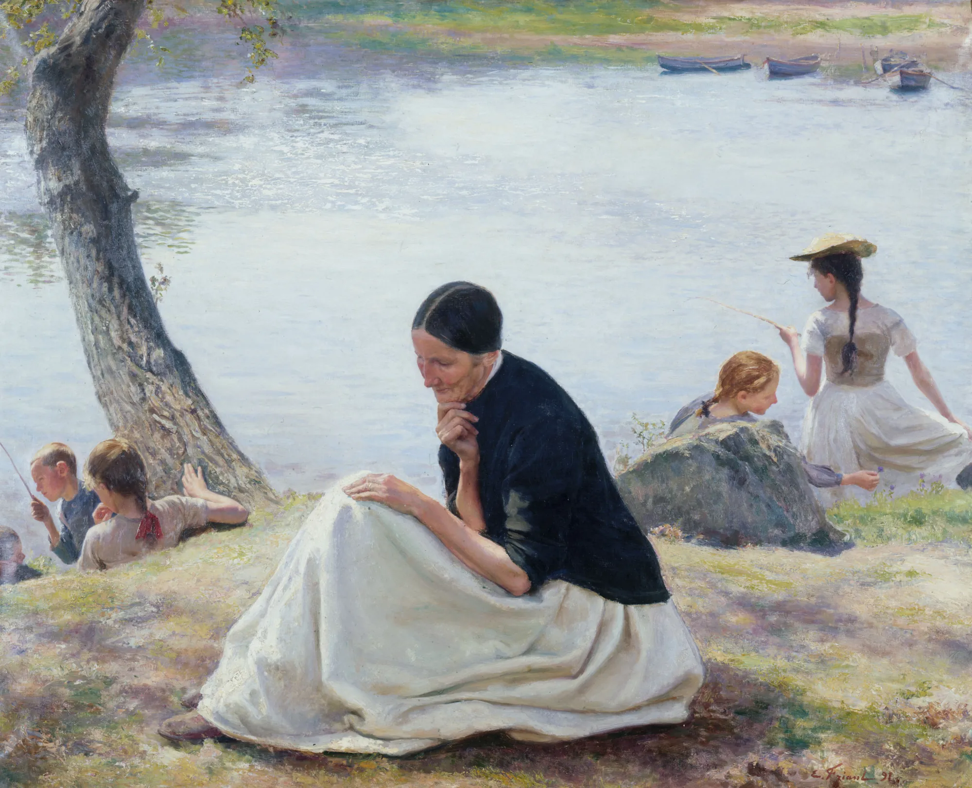 Les souvenirs (The Memories) Les souvenirs (The Memories) by Émile Friant. A woman in a dark jacket and voluminous white skirt sits in quiet contemplation on a grassy riverbank as children play in the background.