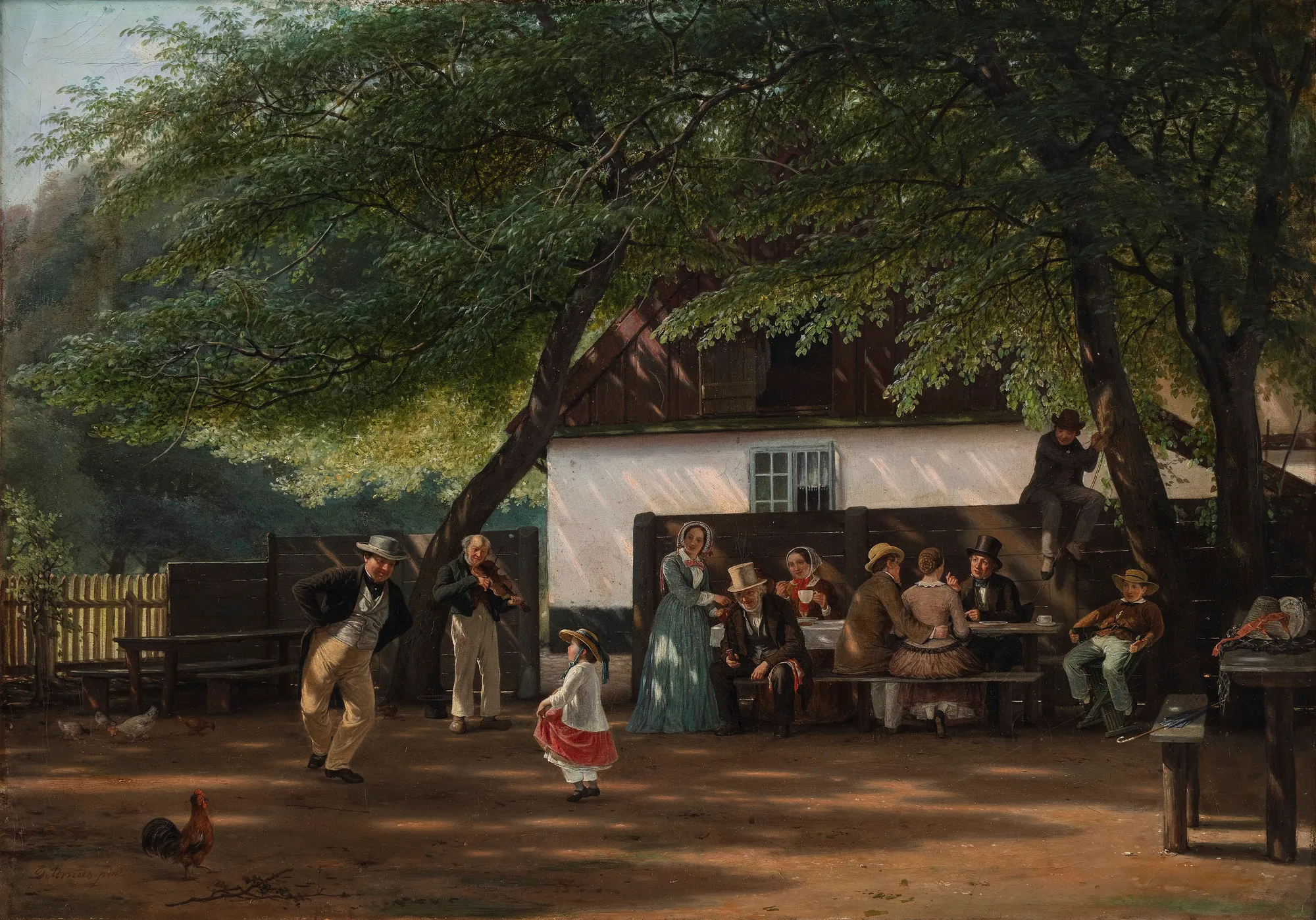 A Coffee Party at a Gamekeeper's House A Coffee Party at a Gamekeeper's House by David Monies. A group of people gather for coffee and music in the shaded courtyard of a white cottage, featuring a dancing pair and a violinist.