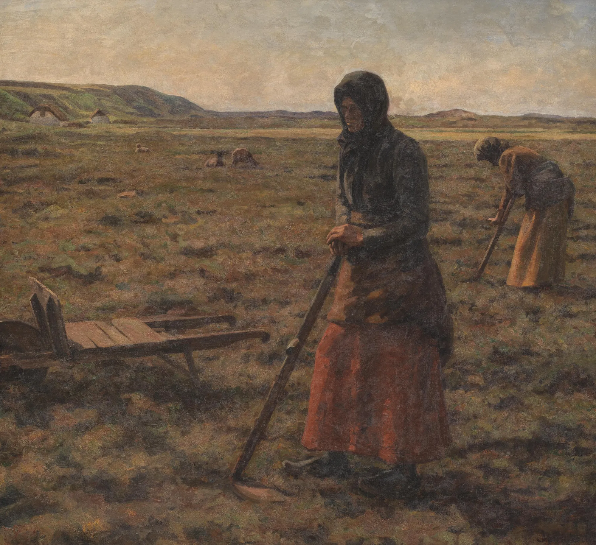 Women Chopping Heather Women Chopping Heather by Jens Vige. Two women in traditional rural clothing work in a vast, open field under a soft, overcast sky.