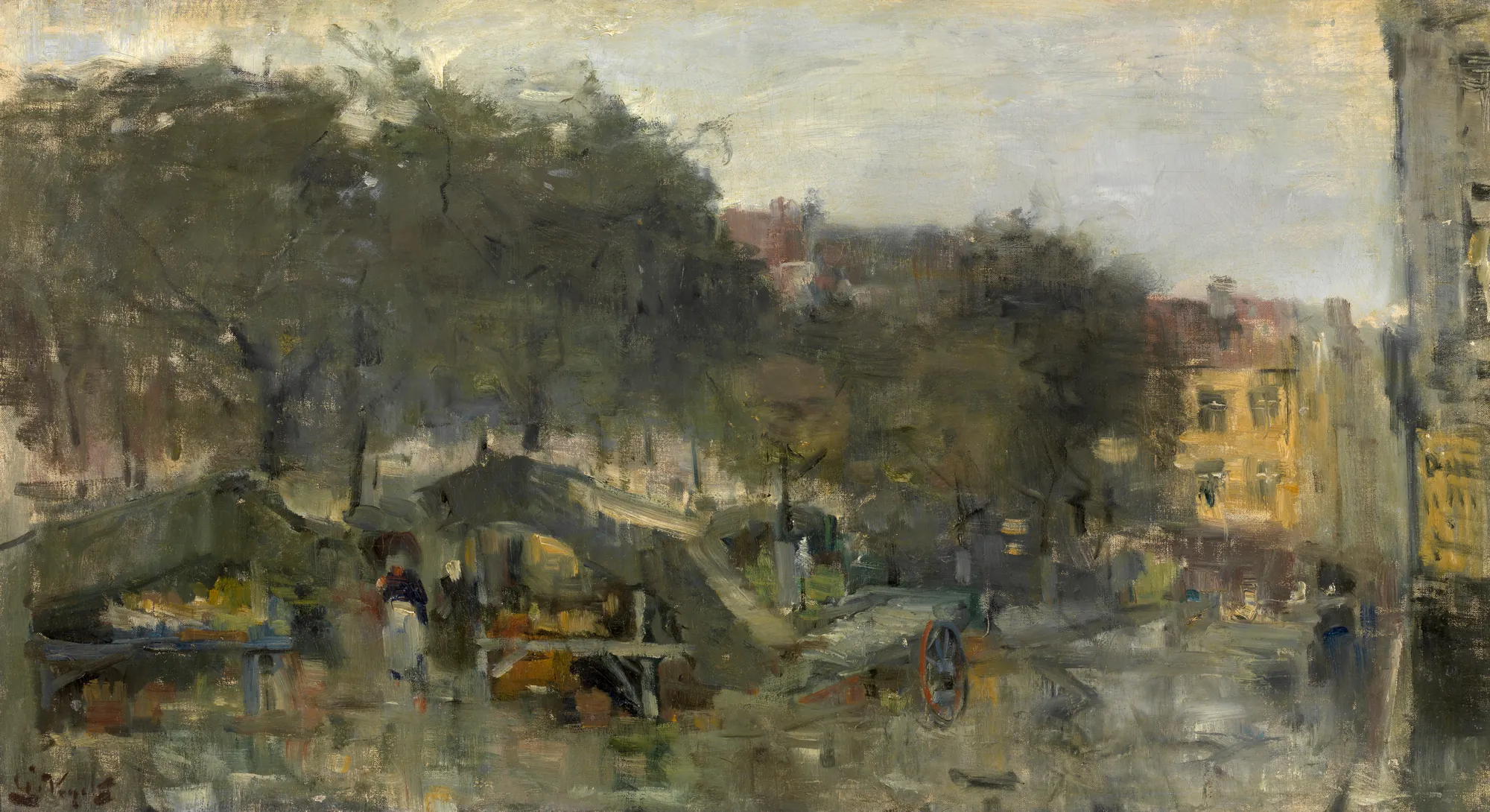 Wapenplein in Ostend Wapenplein in Ostend by Guillaume Vogels. An impressionistic cityscape of a town square in Ostend under a heavy, overcast sky with blurred figures and market stalls.