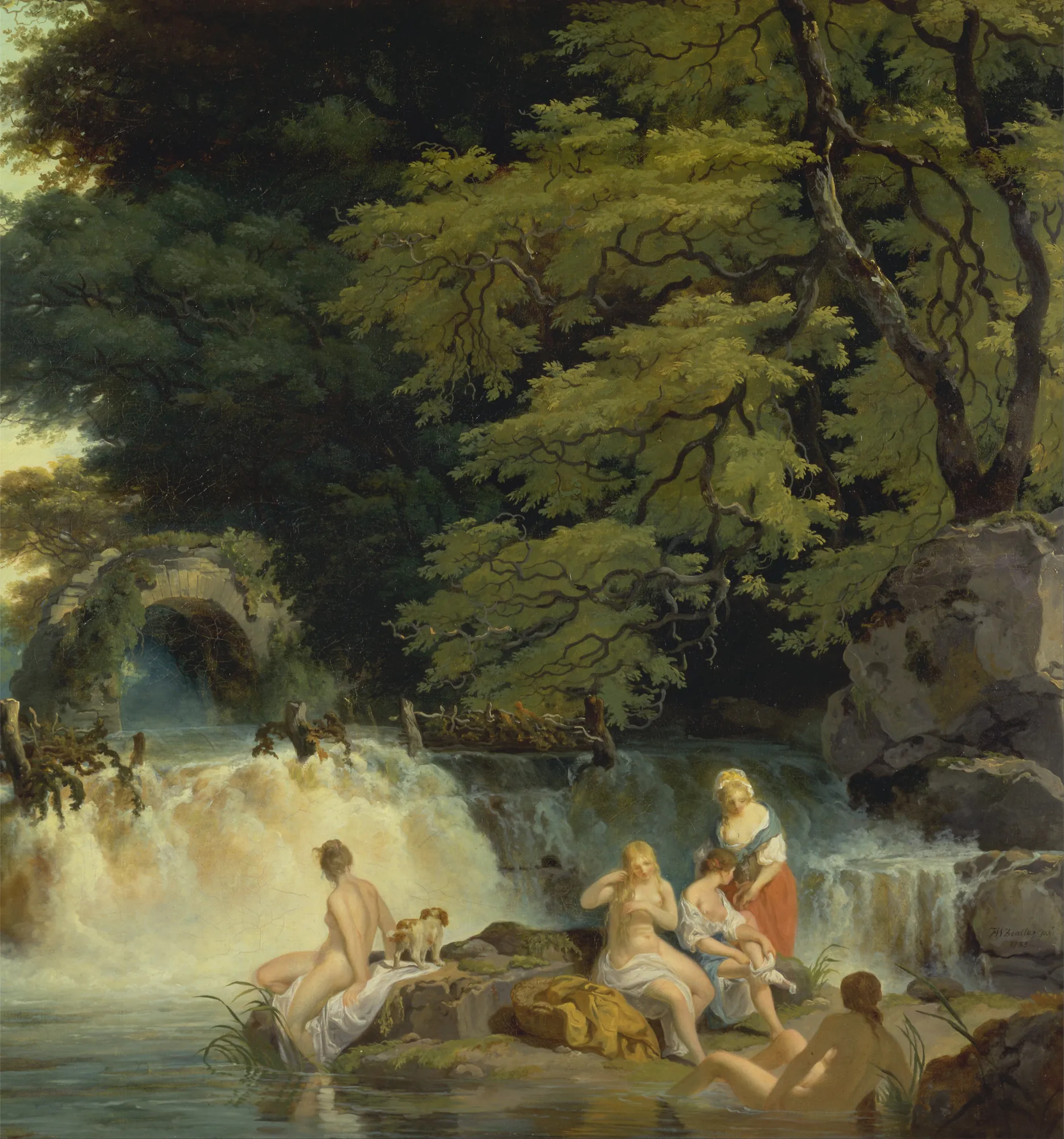 The Salmon Leap, Leixlip The Salmon Leap, Leixlip by Francis Wheatley. A group of women are bathing and dressing beside a white, cascading waterfall surrounded by a dense canopy of lush green trees.