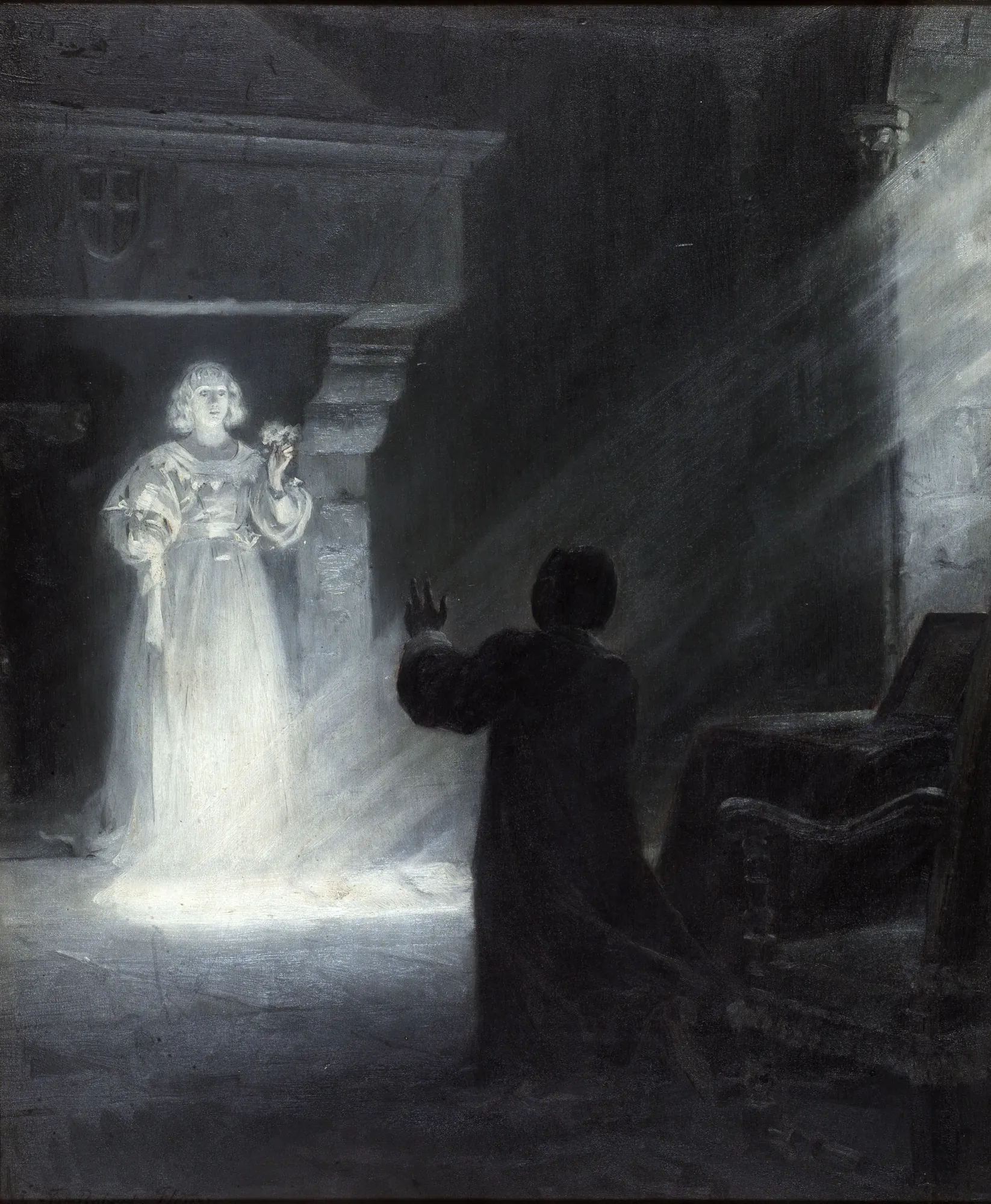 Alix Apparaissant au Masque Alix Apparaissant au Masque by Tony Robert-Fleury. A glowing ethereal woman in a white gown appears before a kneeling man in a dark, vaulted stone chamber illuminated by a dramatic shaft of light.