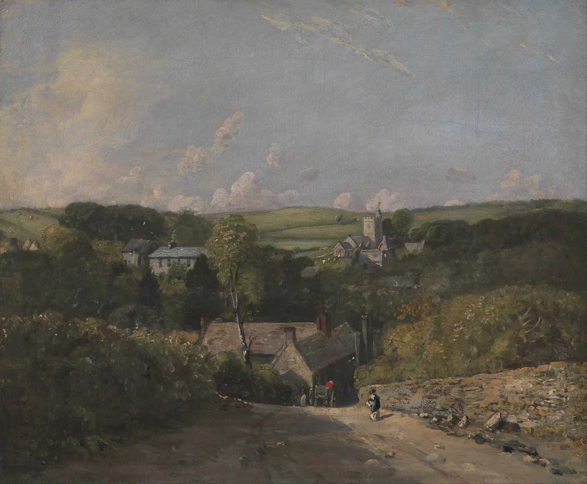 Osmington Village Osmington Village by John Constable. A 19th-century landscape painting showing a rural English village with stone cottages and a church spire nestled among lush green trees under a vast, atmospheric sky.