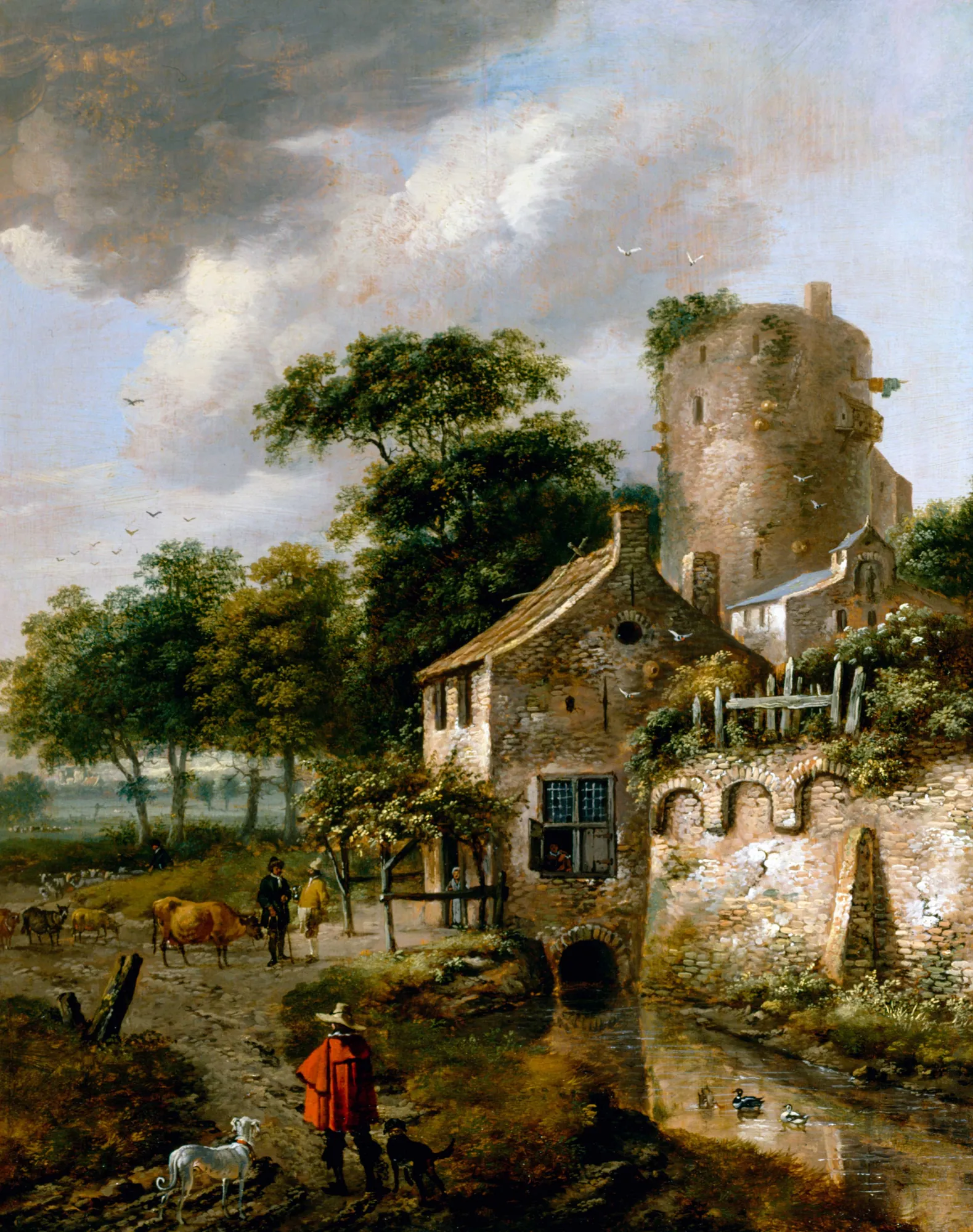 Landscape with a Tower Landscape with a Tower by Roelof Jansz van Vries. A 17th-century Dutch landscape featuring a tall stone tower, a rustic cottage by a stream, and figures with livestock in the foreground.