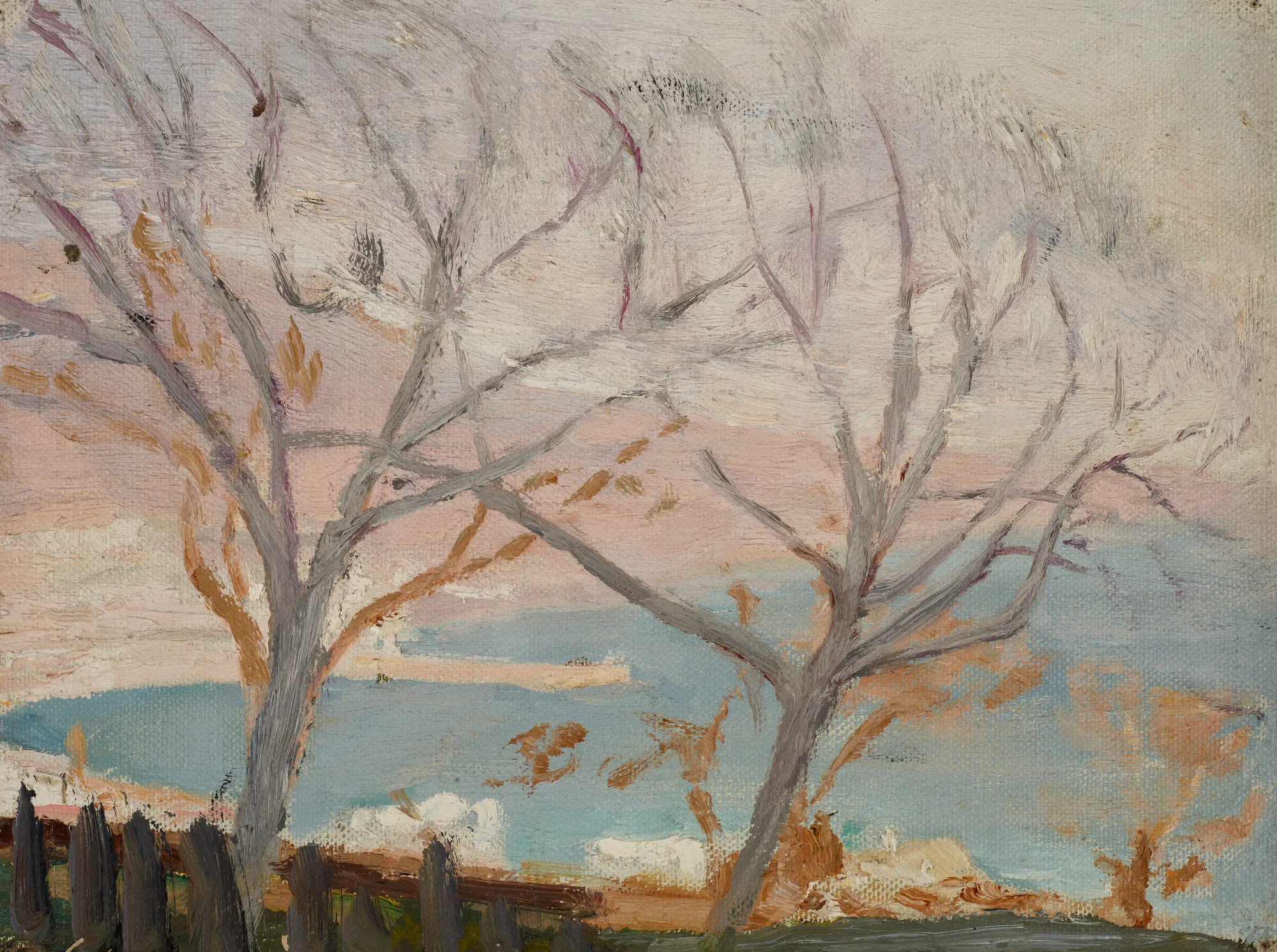 Yalta (Spring) Yalta (Spring) by Jan Ciągliński. Two slender trees frame a view of a pale blue harbor under a soft, lavender-tinted sky.