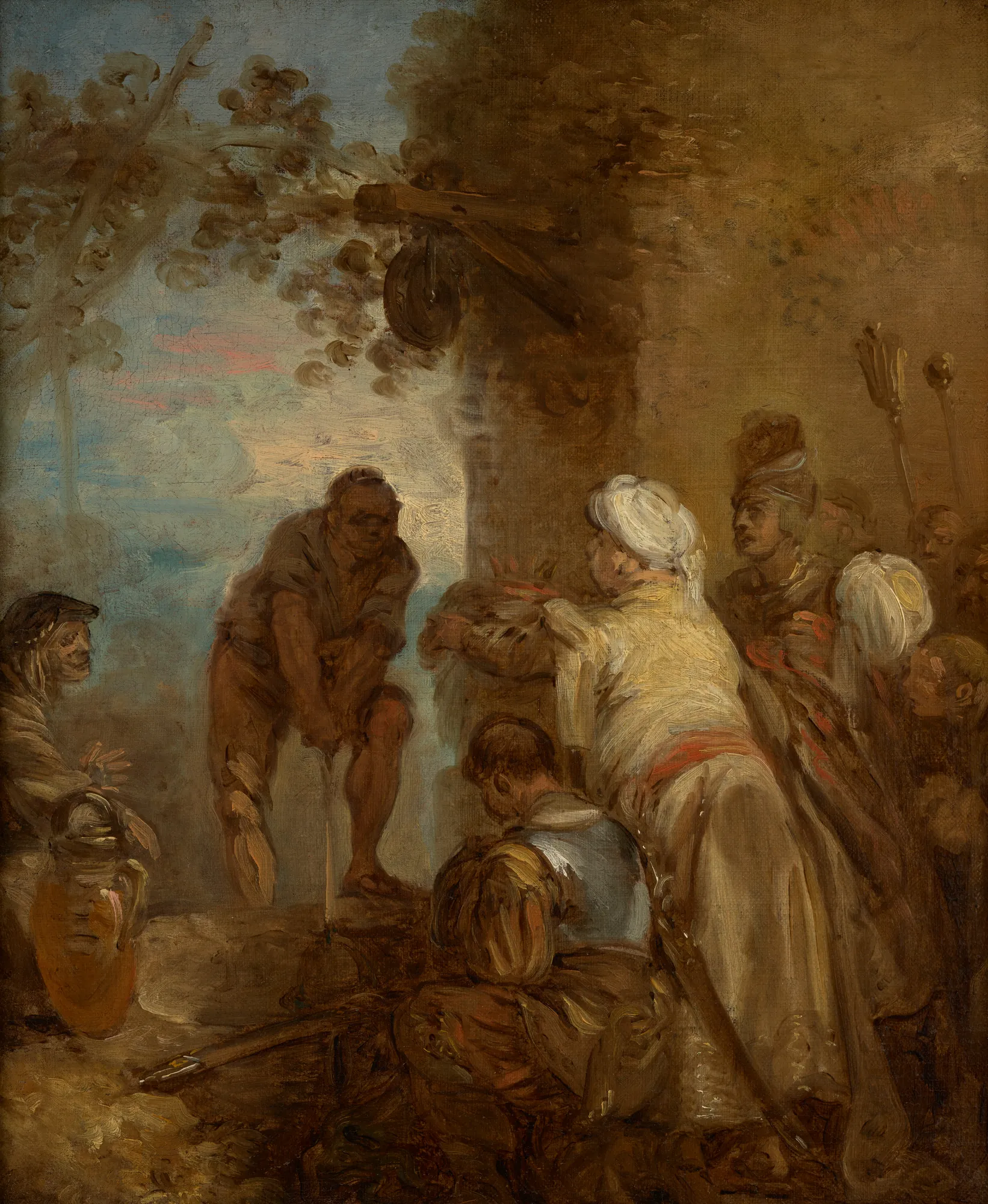 Piast Being Elected as the King Piast Being Elected as the King by Jean-Pierre Norblin de La Gourdaine. A gathering of figures in 18th-century attire surrounding a man standing by a well under a twilight sky.