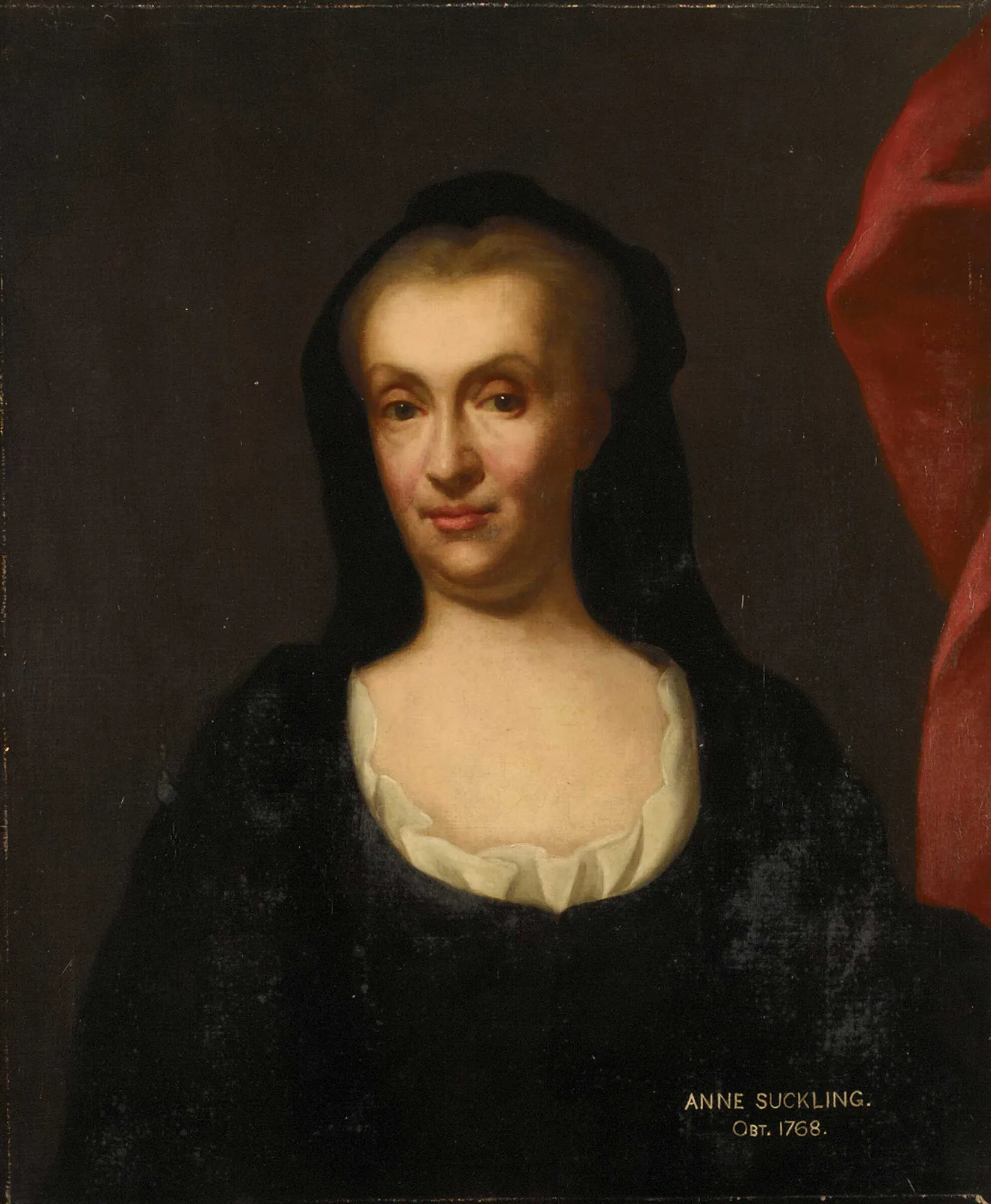 Anne Suckling Anne Suckling by Unknown Artist. A bust-length oil portrait of an older woman wearing a dark dress and head covering against a dark background with a crimson curtain.