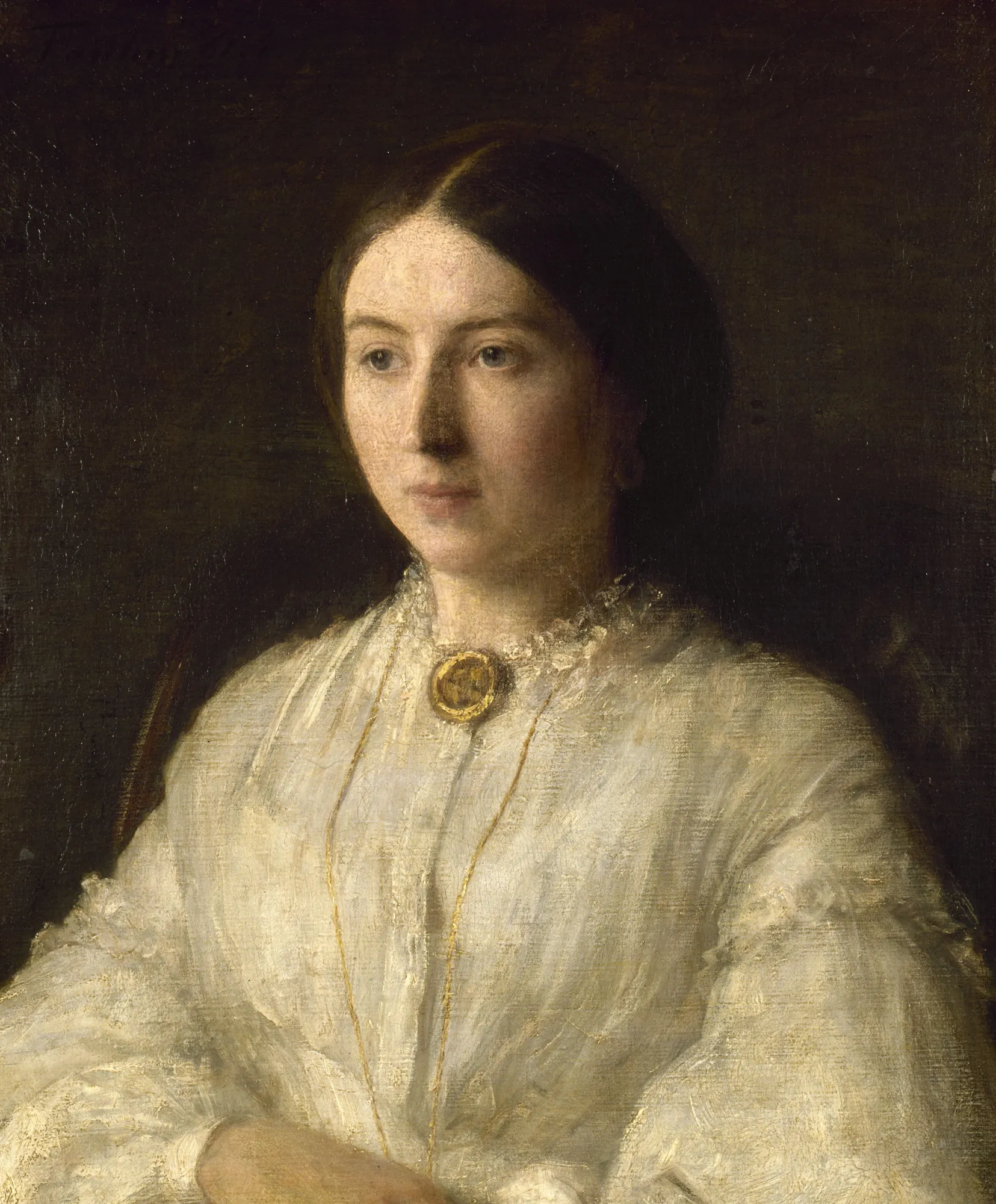 Portrait of Madame Edwin Edwards Portrait of Madame Edwin Edwards by Henri Fantin-Latour. A three-quarter length portrait of a woman wearing a voluminous white lace dress and a gold brooch against a dark background.