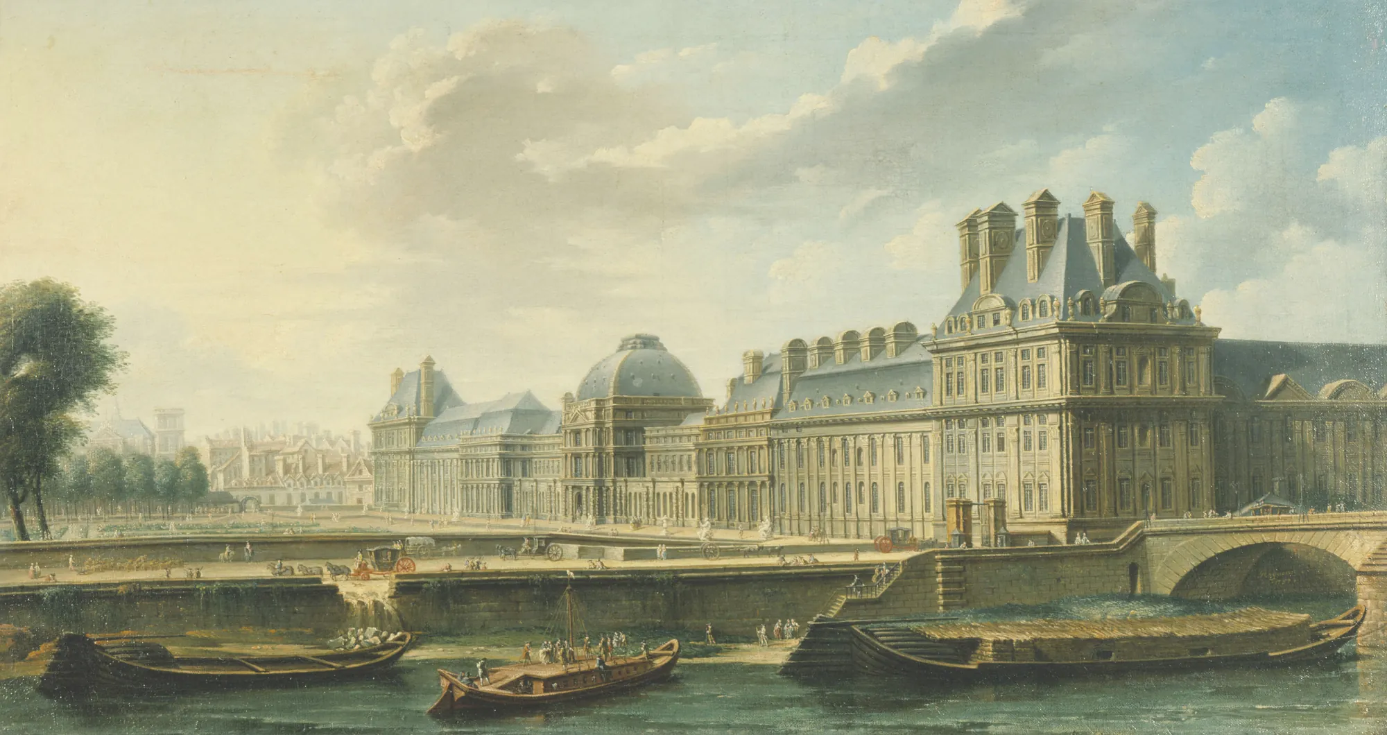 The Tuileries Palace, Viewed from the Quai d'Orsay The Tuileries Palace, Viewed from the Quai d'Orsay by Nicolas-Jean-Baptiste Raguenet. An 18th-century panoramic oil painting showing the Tuileries Palace across the Seine River in Paris, with several wooden boats in the foreground.