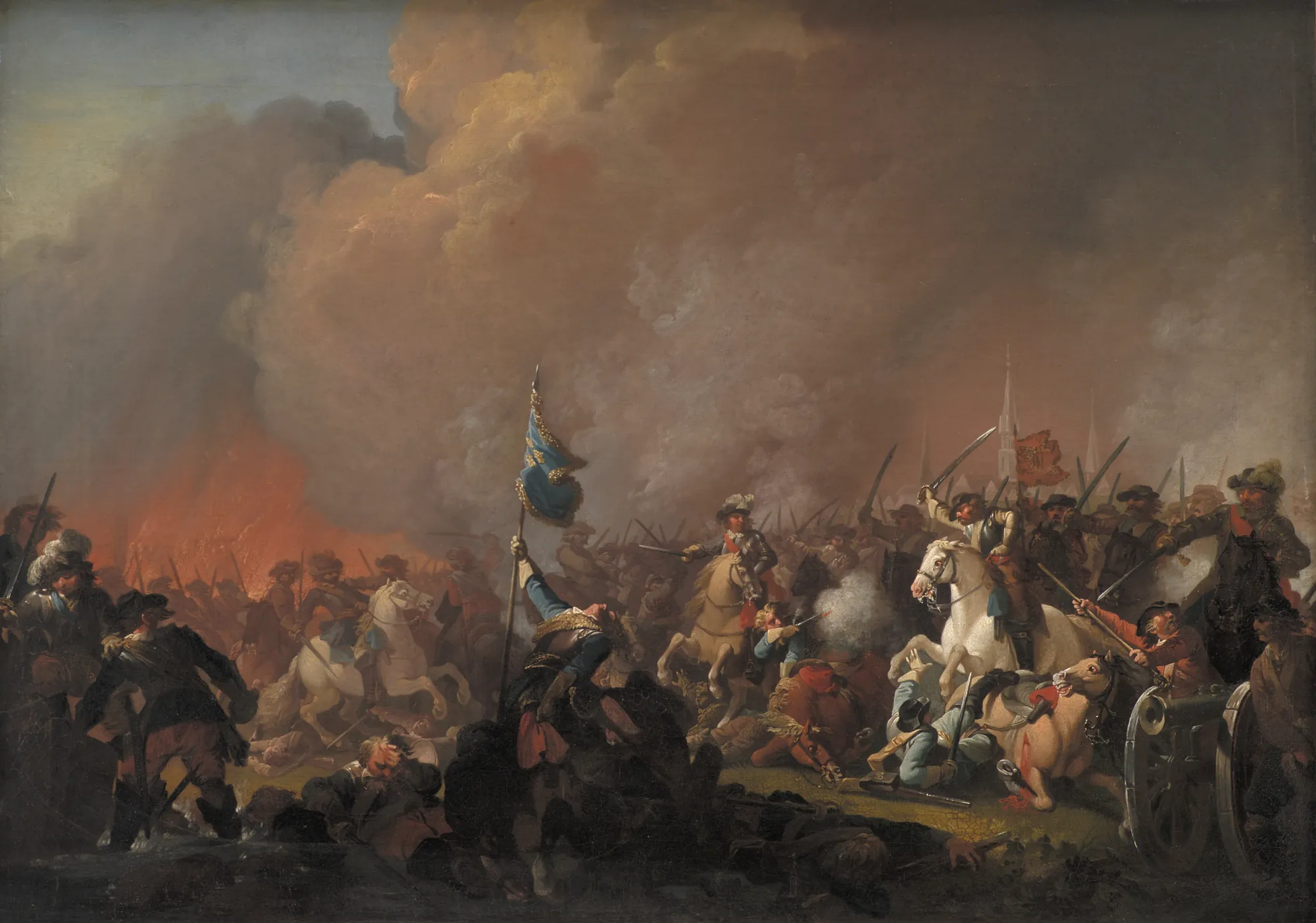 Udfaldet på Amager 1658 under Svenskekrigen 1657-60 Udfaldet på Amager 1658 under Svenskekrigen 1657-60 by Christian August Lorentzen. A dynamic and chaotic battle scene featuring cavalry and infantry clashing beneath a massive, billowing cloud of smoke illuminated by the orange glow of fire.