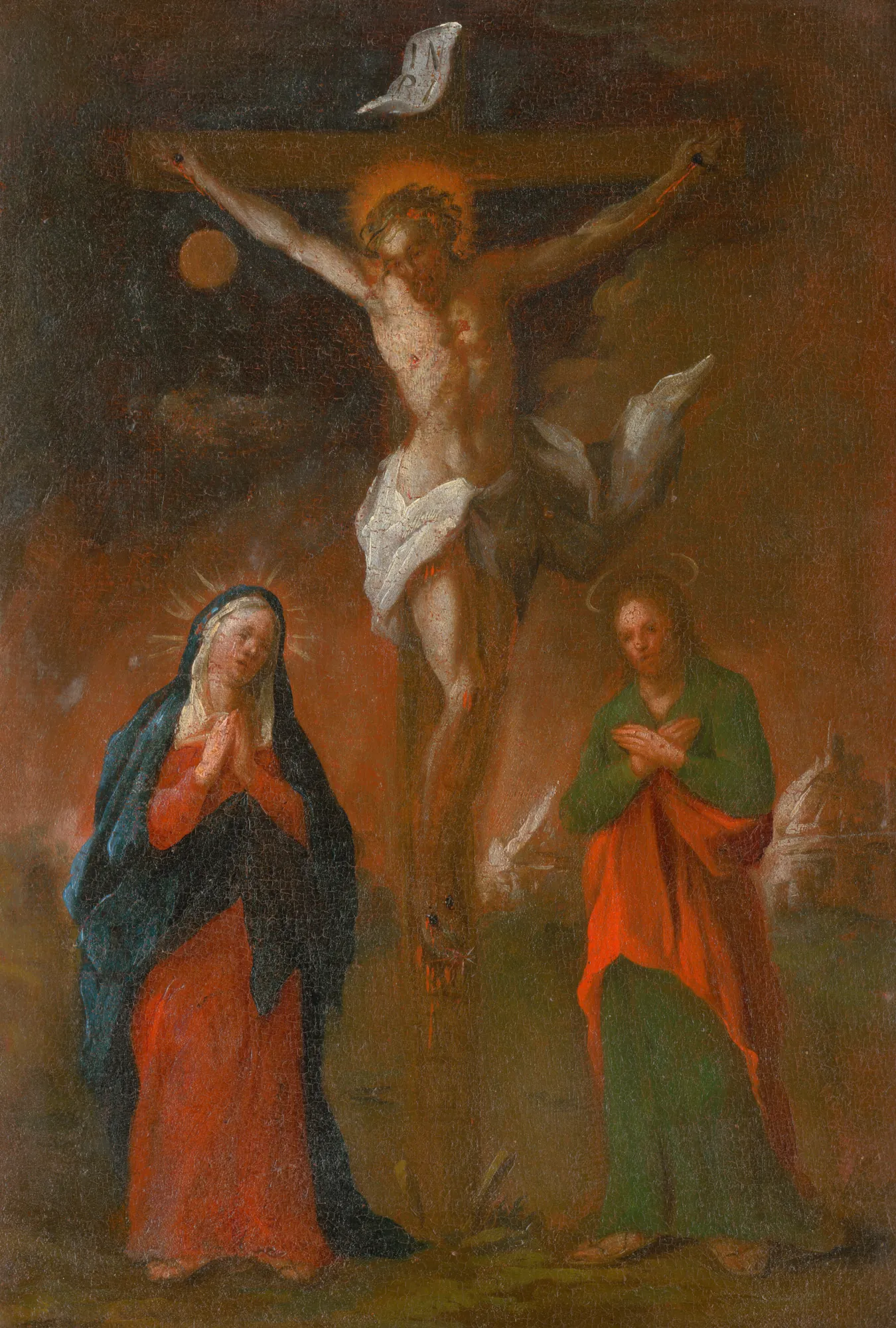 Jesus Dies on the Cross Jesus Dies on the Cross by István Schaller. A religious oil painting depicting the crucifixion of Jesus, with the Virgin Mary and Saint John standing in mourning at the base of the cross against a dark, dramatic sky.