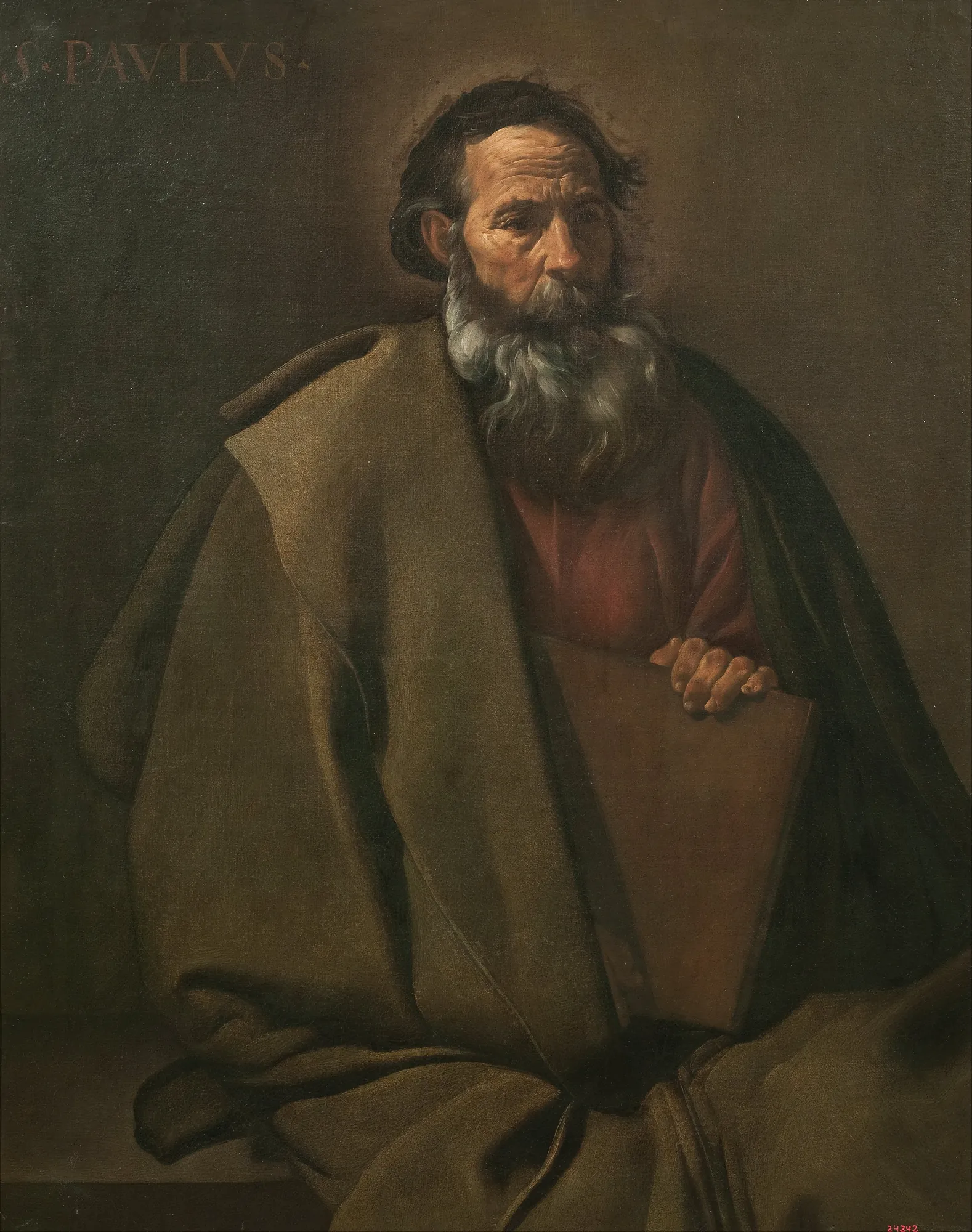 Saint Paul Saint Paul by Diego Velázquez. A half-length portrait of a bearded man with a contemplative expression, draped in heavy brown and red robes and holding a thick book.