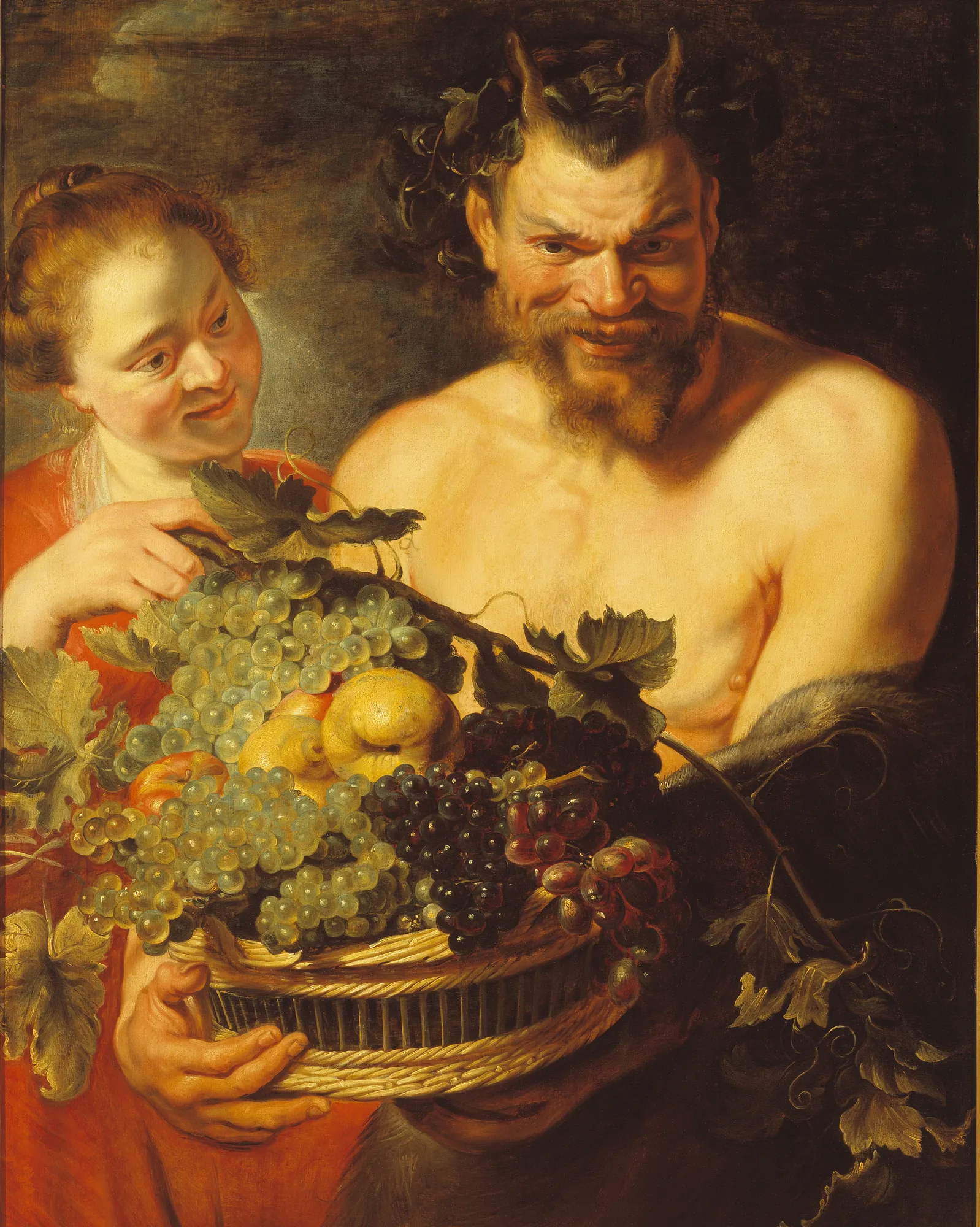 Faun and Nymph Faun and Nymph by Unknown Artist. A satyr and a nymph hold a large, overflowing basket of grapes and fruit against a dark background.