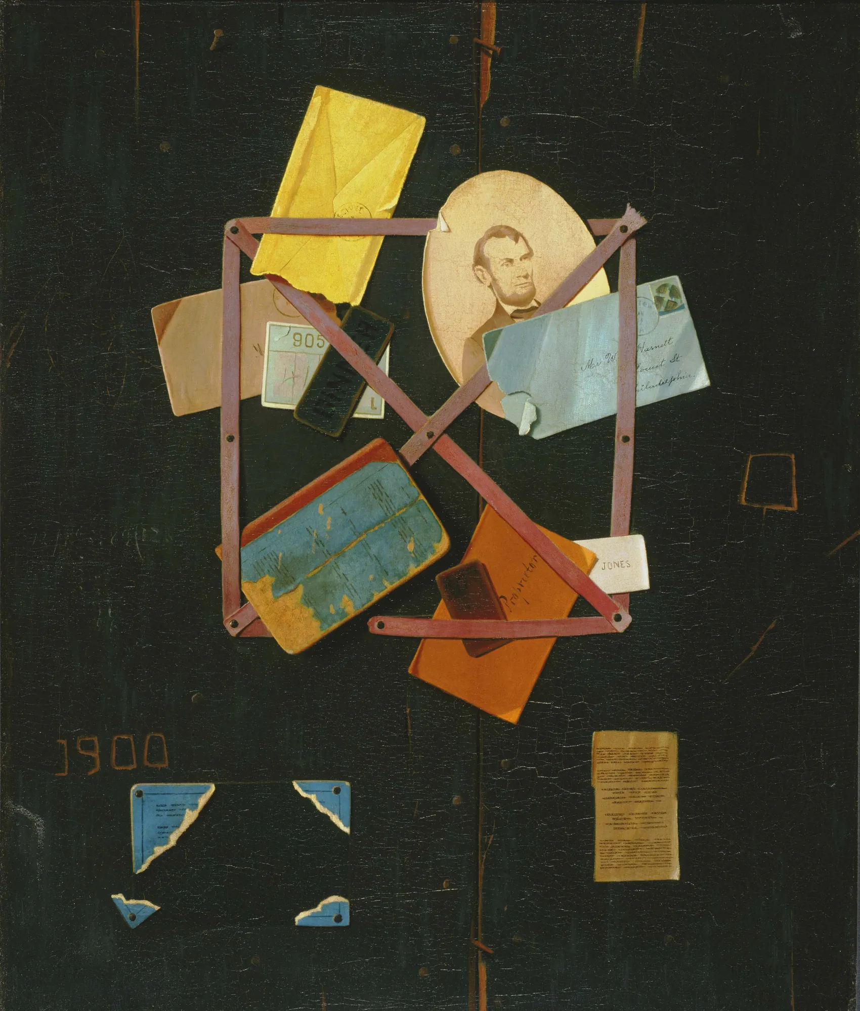Old Time Card Rack Old Time Card Rack by John F. Peto. A hyper-realistic trompe-l'oeil still life featuring a portrait of Abraham Lincoln and various letters tucked into a wooden rack against a dark door.