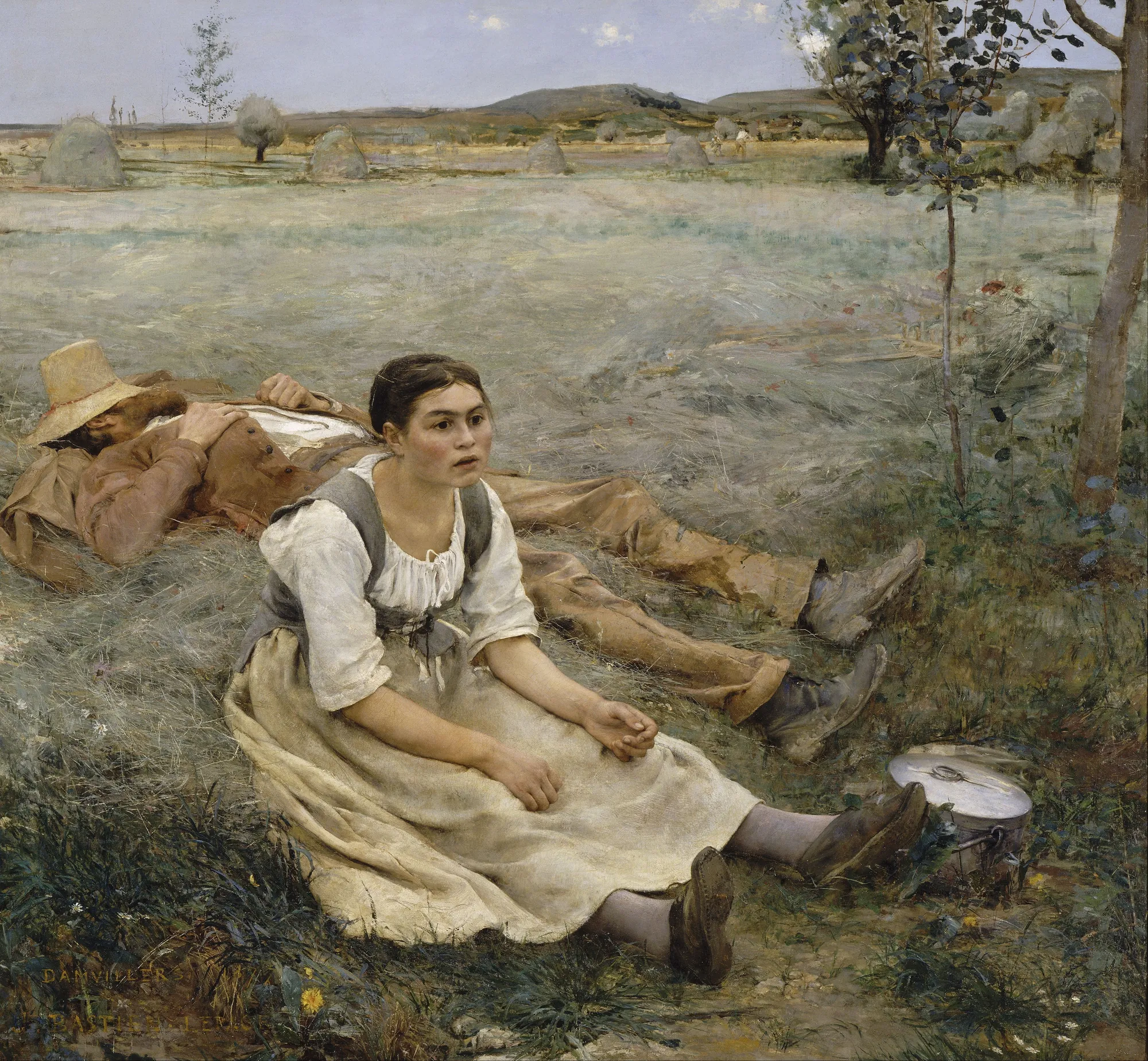 Hay Making Hay Making by Jules Bastien-Lepage. A woman sits wearily in a sunlit field while a man lies resting behind her under his hat, surrounded by harvested hay.