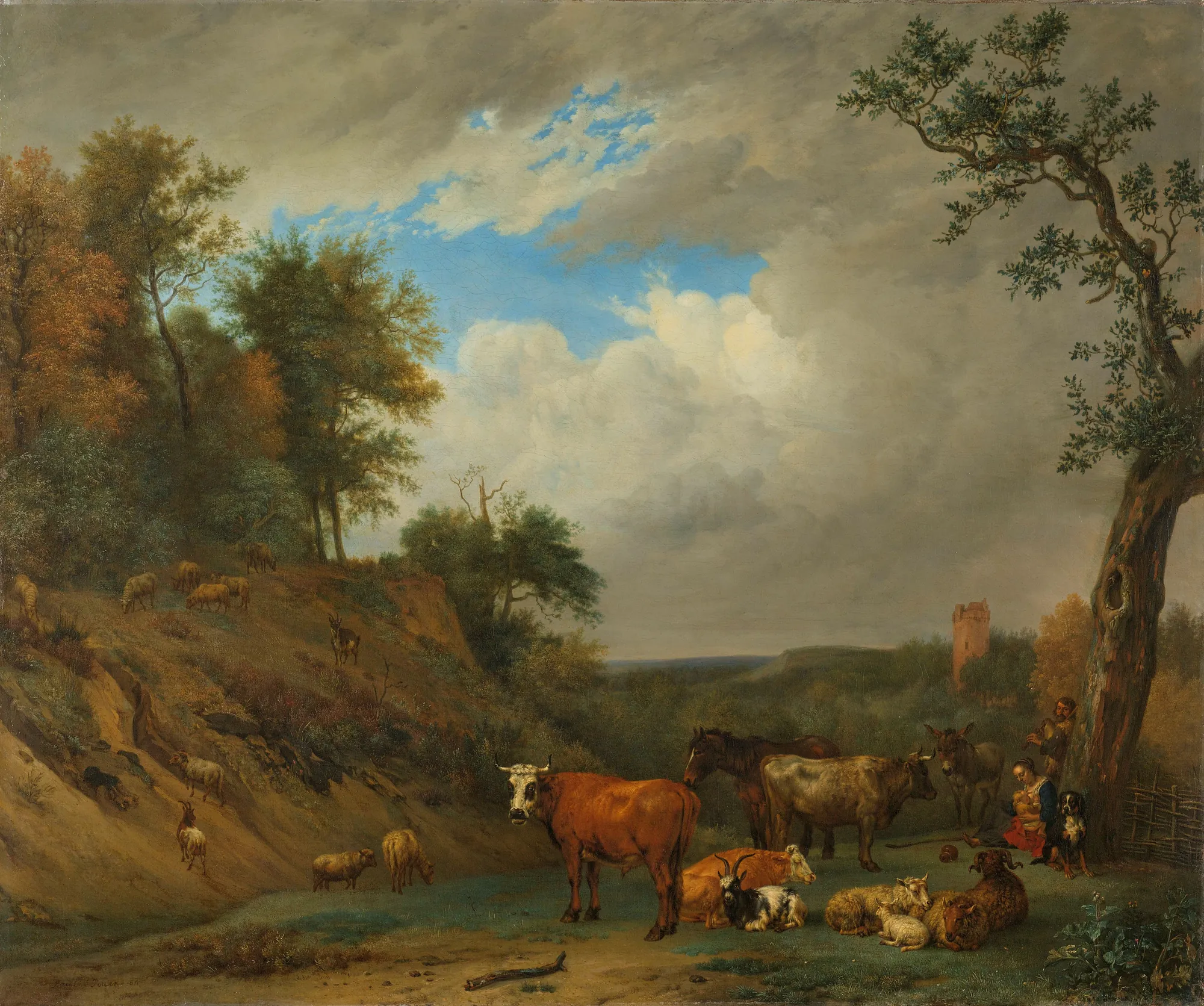 Herdsmen with Their Cattle Herdsmen with Their Cattle by Paulus Potter. A variety of livestock, including cattle, sheep, and a horse, are gathered in a landscape under a vast, cloud-filled sky with herdsmen resting nearby.