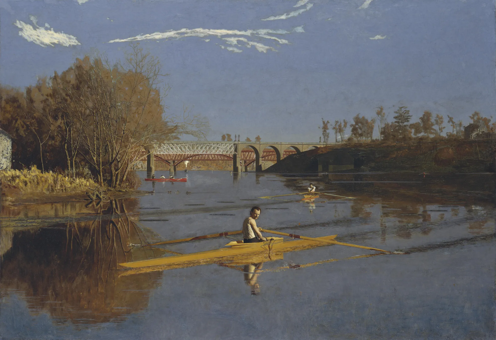 Max Schmitt in a Single Scull Max Schmitt in a Single Scull by Thomas Eakins. A lone rower in a yellow scull glides across a calm river under a blue sky with reflections of the trees and a distant bridge.