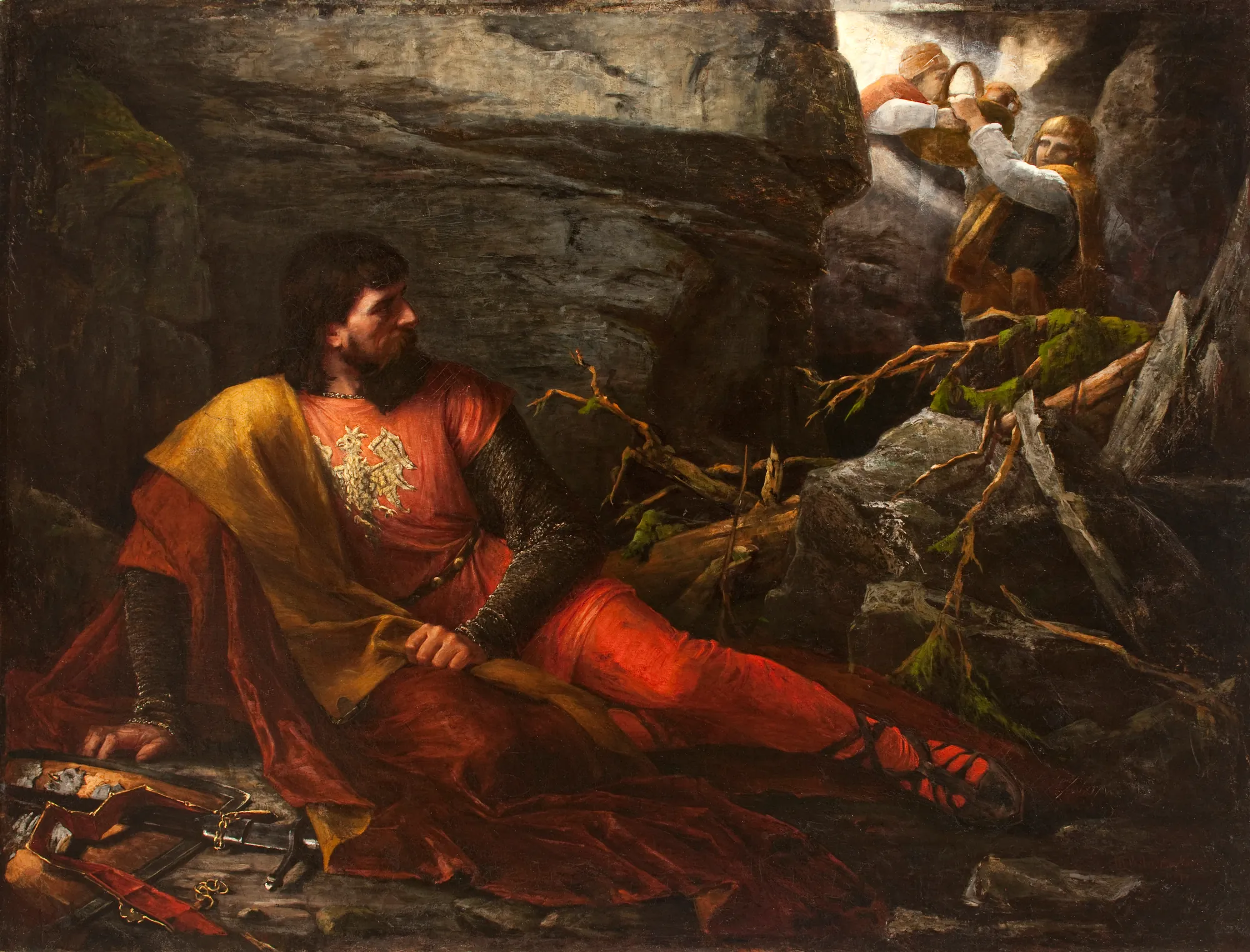 Łokietek in the Cave Łokietek in the Cave by Maria Magdalena Andrzejkowicz-Buttowt. A bearded man in a red tunic with a golden eagle emblem reclines in a dark, rocky cave while two figures enter from the light.
