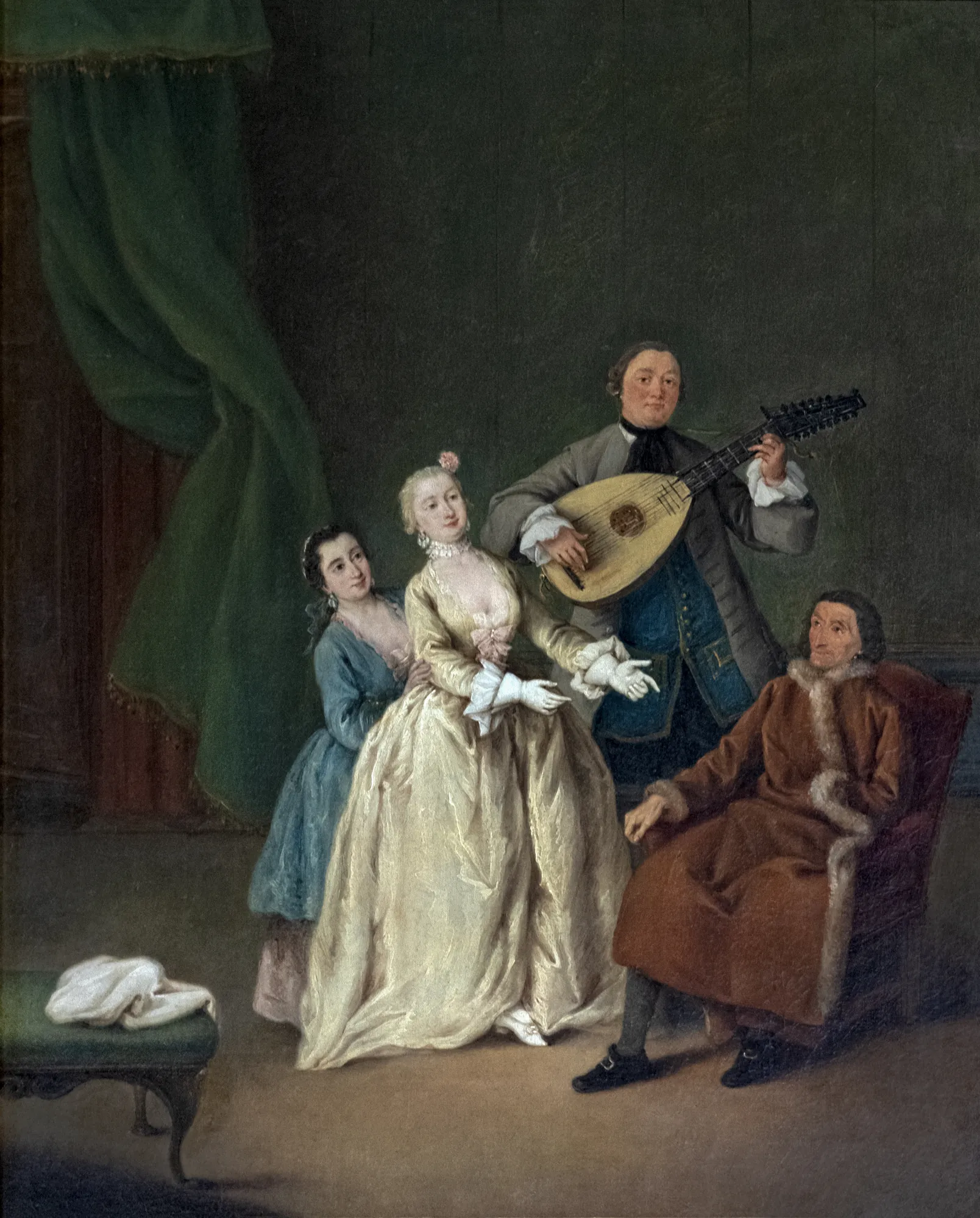 Family Little Concert Family Little Concert by Pietro Longhi. An interior scene featuring a man playing a lute for a group of people, including a woman in a voluminous yellow dress and an older seated man.