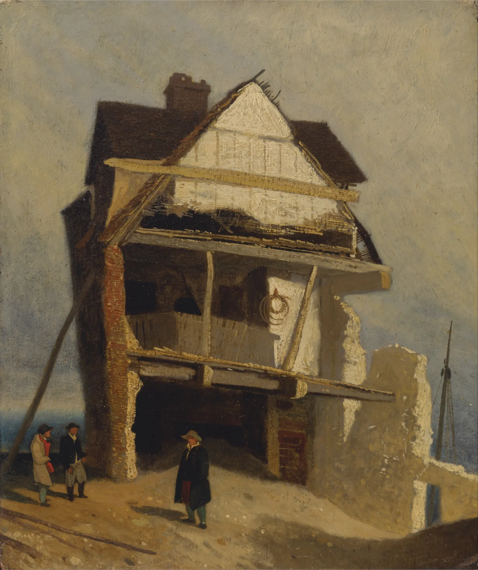 Ruined House Ruined House by John Sell Cotman. An oil painting depicting a cross-section of a derelict timber-framed house with several figures standing in the foreground.