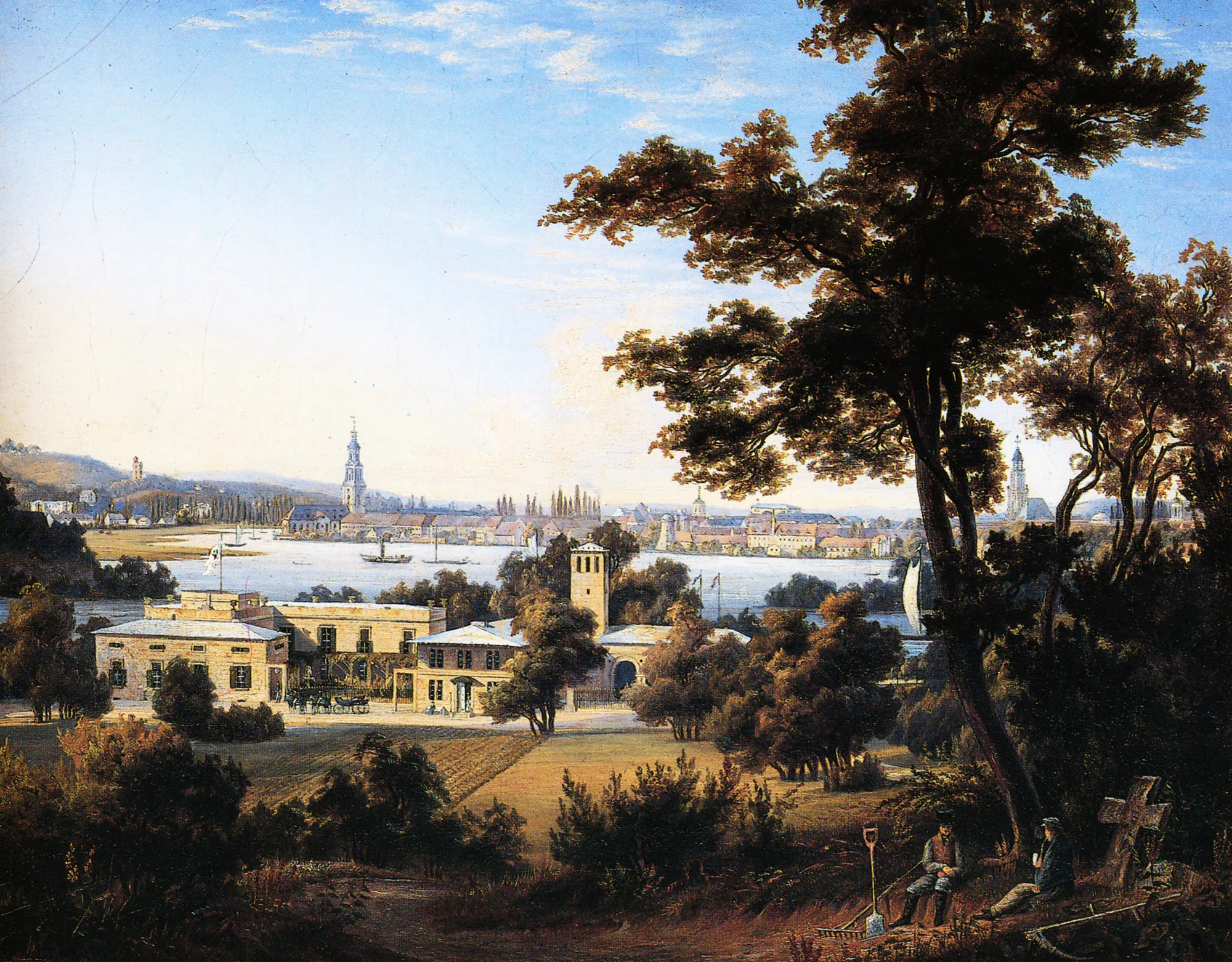 View of Potsdam from Glienicke View of Potsdam from Glienicke by Carl Daniel Freydanck. A panoramic 19th-century landscape painting depicting a town's skyline across a river, framed by a large dark tree in the foreground.