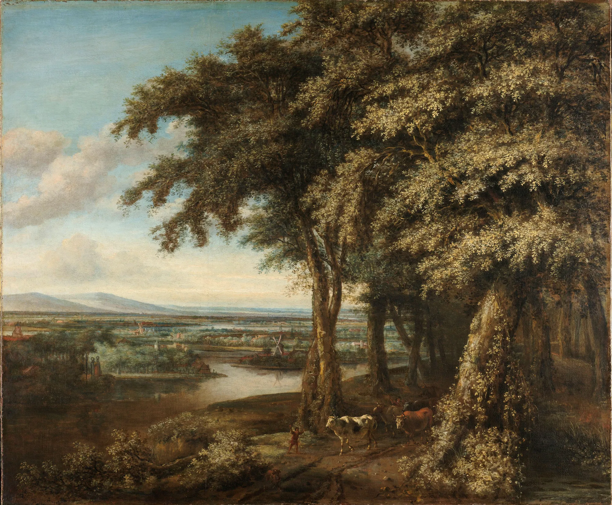 The Entrance to the Woods The Entrance to the Woods by Philips Koninck. A dense cluster of tall trees marks the edge of a forest, overlooking an expansive river valley with distant windmills and rolling hills under a cloudy sky.