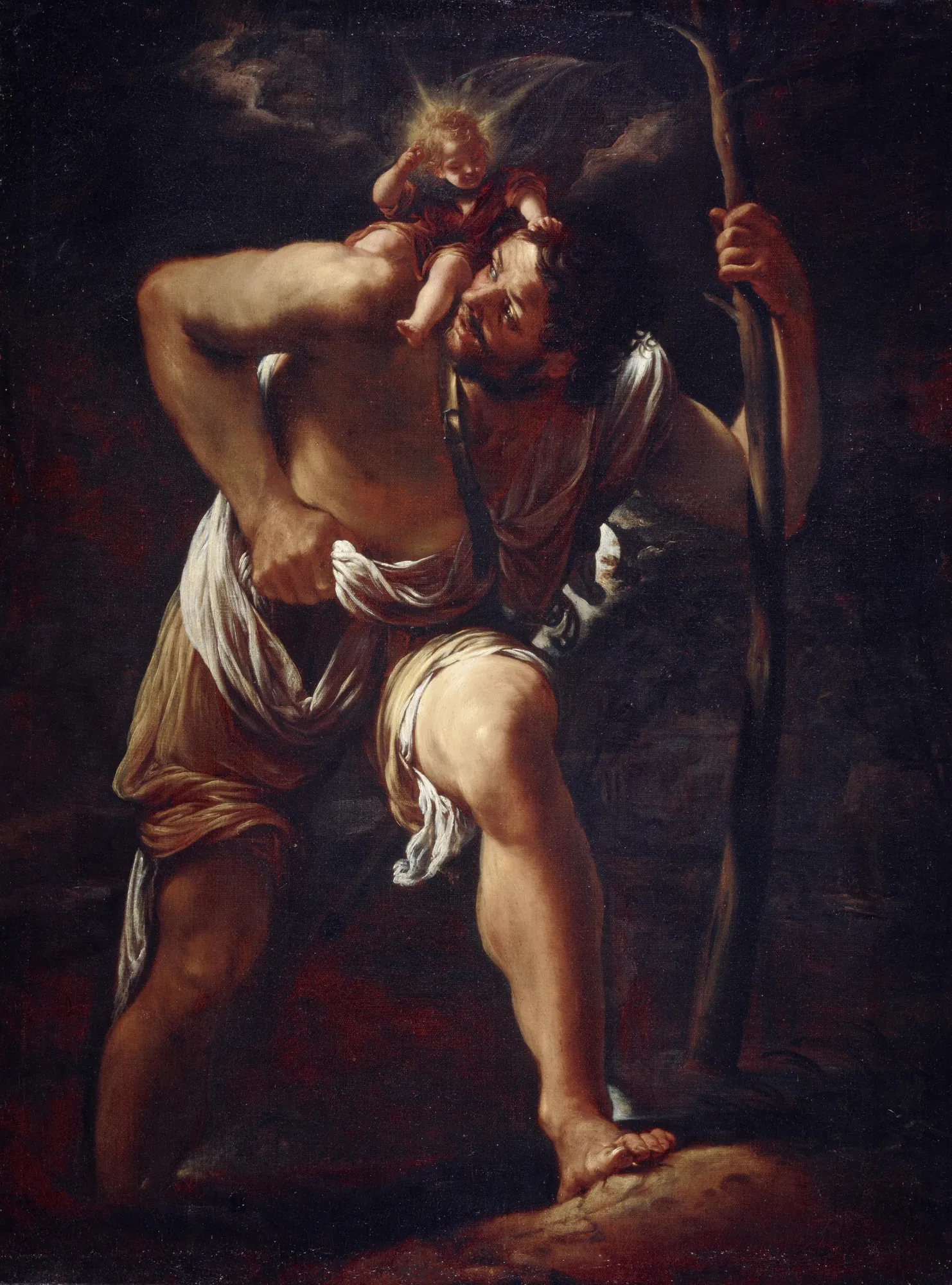 Saint Christopher Carrying the Infant Christ Saint Christopher Carrying the Infant Christ by Orazio Borgianni. A muscular Saint Christopher wades through a dark river, bearing a radiant infant Jesus on his shoulders while leaning on a staff.