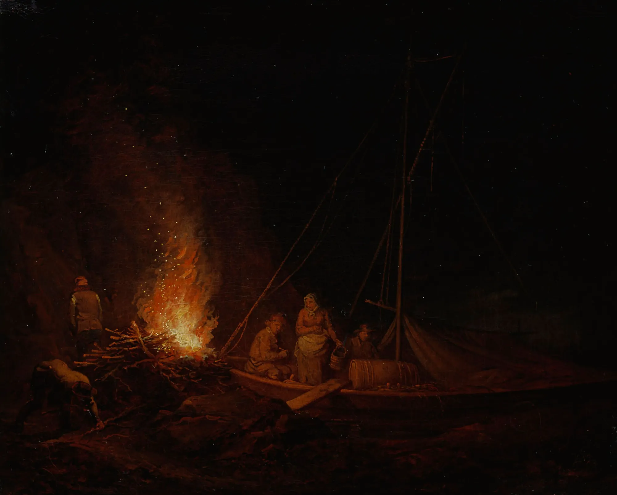 Fishermen Lighting a Campfire